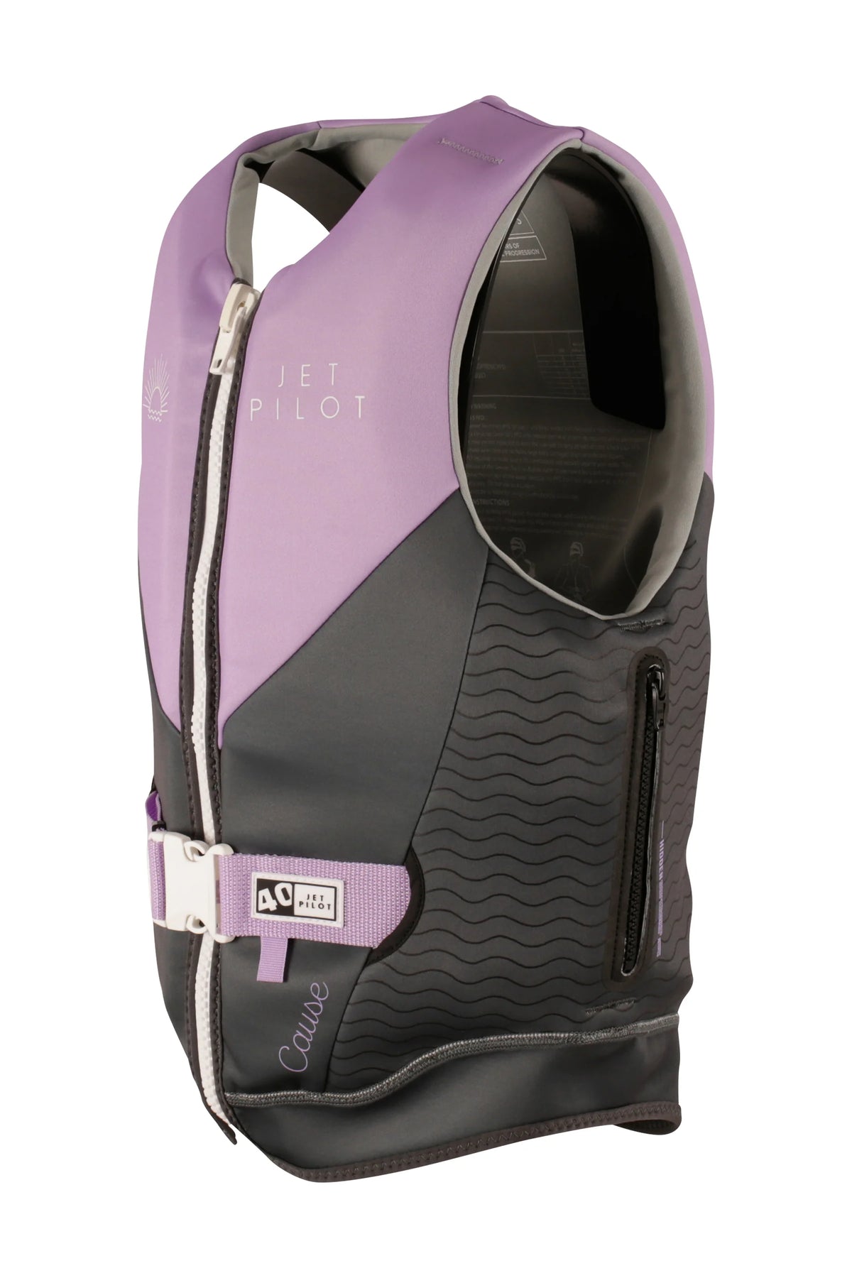 Three-quarter view of the Purple Cause Ladies showing the wave-pattern side panel and zipped handle pocket