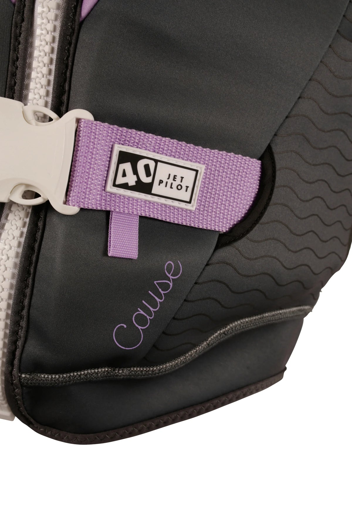 Close-up of the 40 tab on the purple waist strap and the Cause script on the Purple Cause Ladies