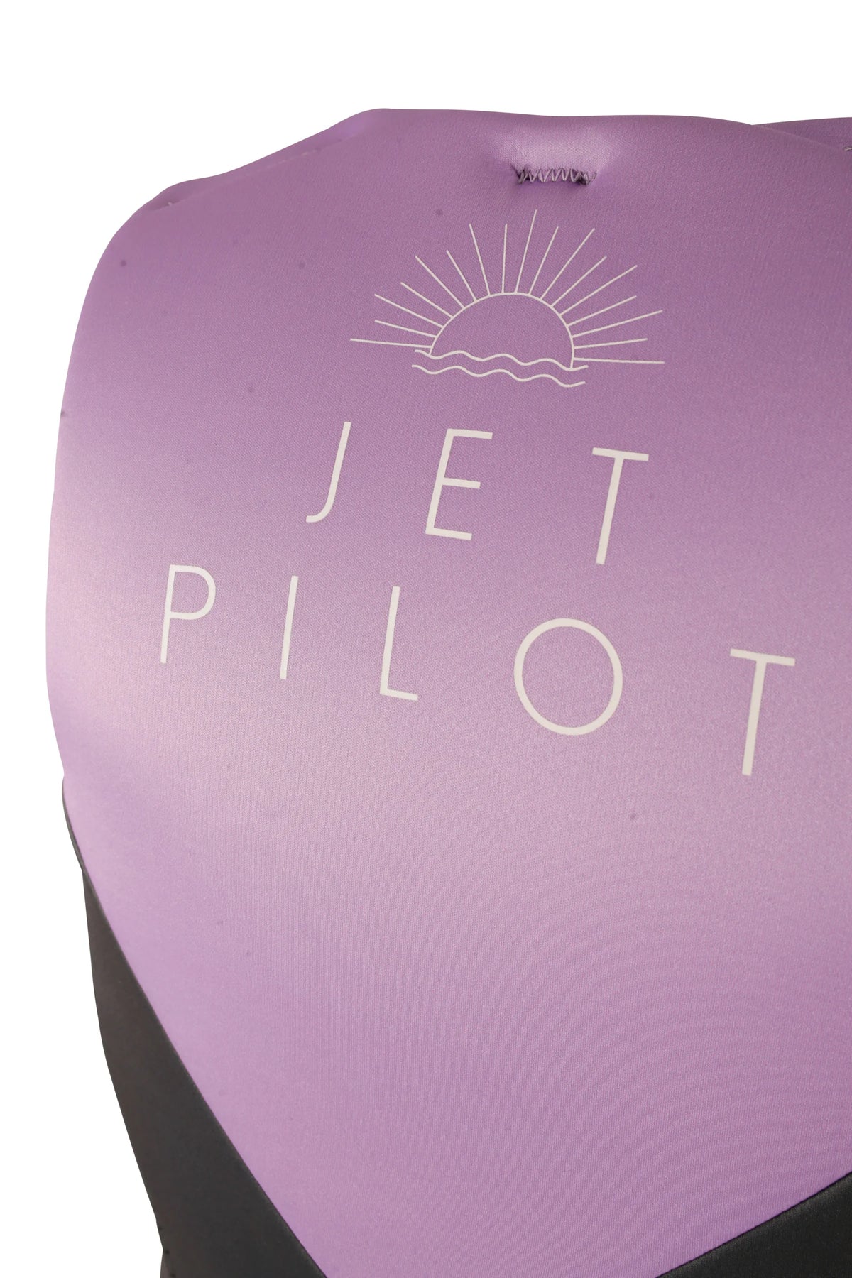 Close-up of the sunrise graphic and Jetpilot lettering on the upper back of the Purple Cause Ladies