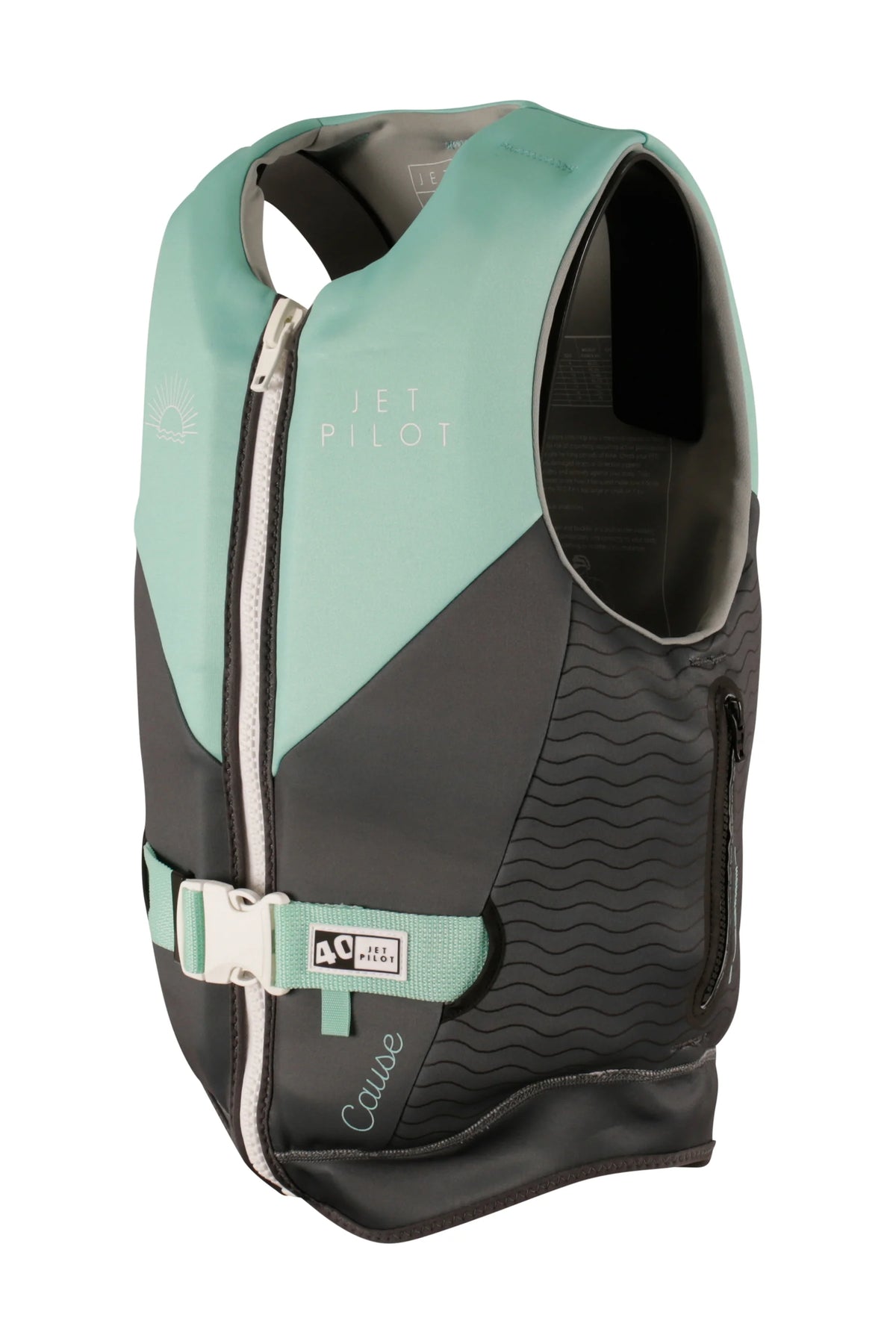 Three-quarter view of the Teal Cause Ladies showing the wave-pattern side panel and zipped handle pocket