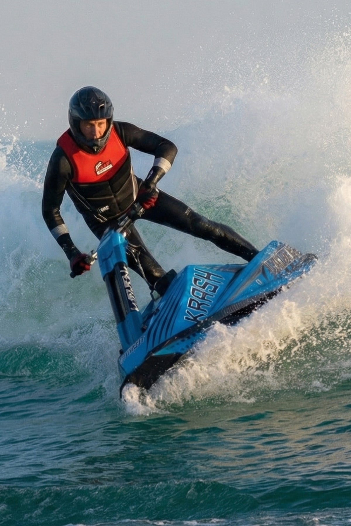 A person in a black wetsuit and helmet rides a blue personal watercraft jet ski over ocean water, with white spray and a hazy sky in the background.