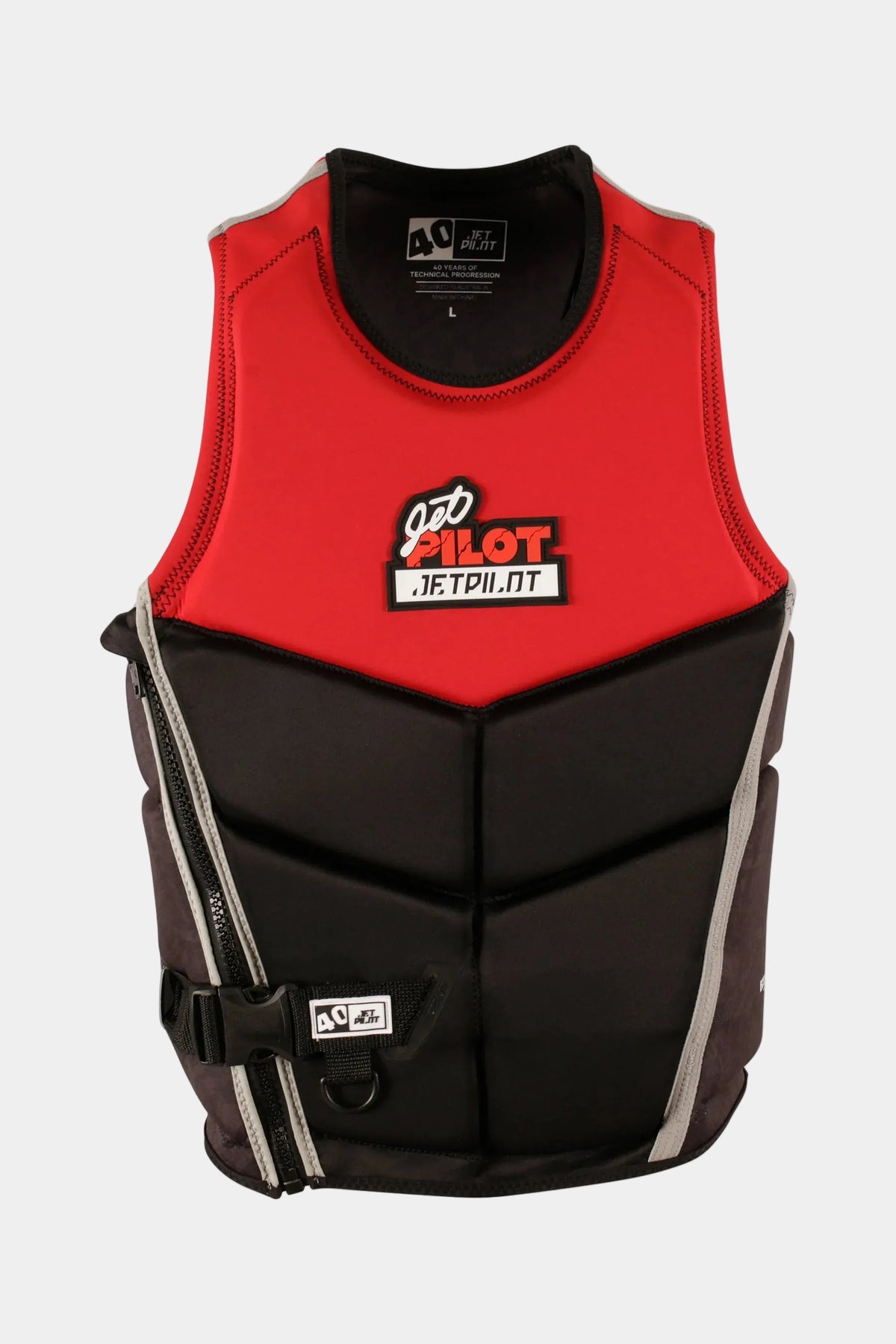 Red and black life vest with 'Jetpilot' branding on a white background