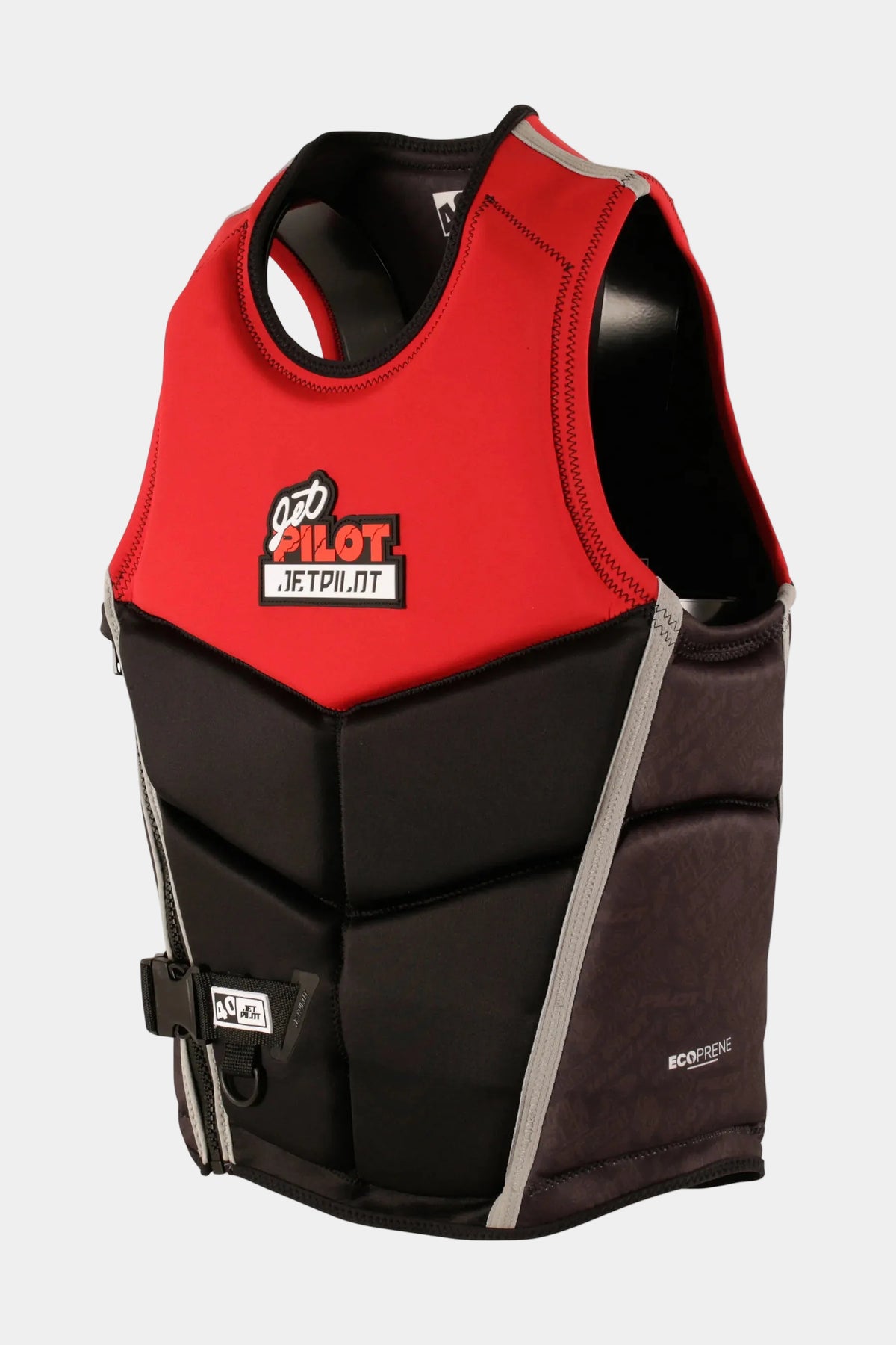 Red and black life vest with a visible Jetpilot logo on a white background