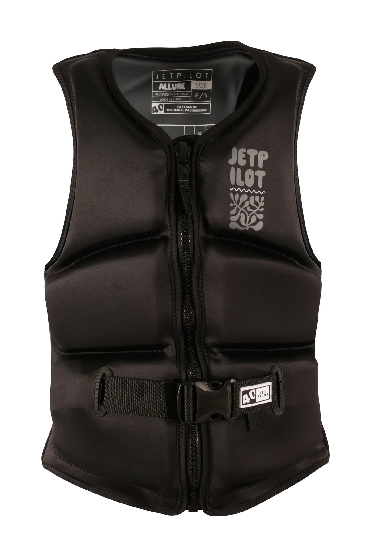 Jetpilot Allure wakeboard life jacket in Black, front view with the grey stacked logo, leafy motif and 40 tab on the buckle