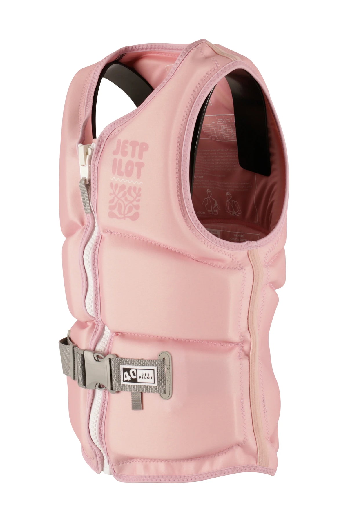Three-quarter view of the Pink Allure showing the tonal chest logo and grey buckle with the 40 tab