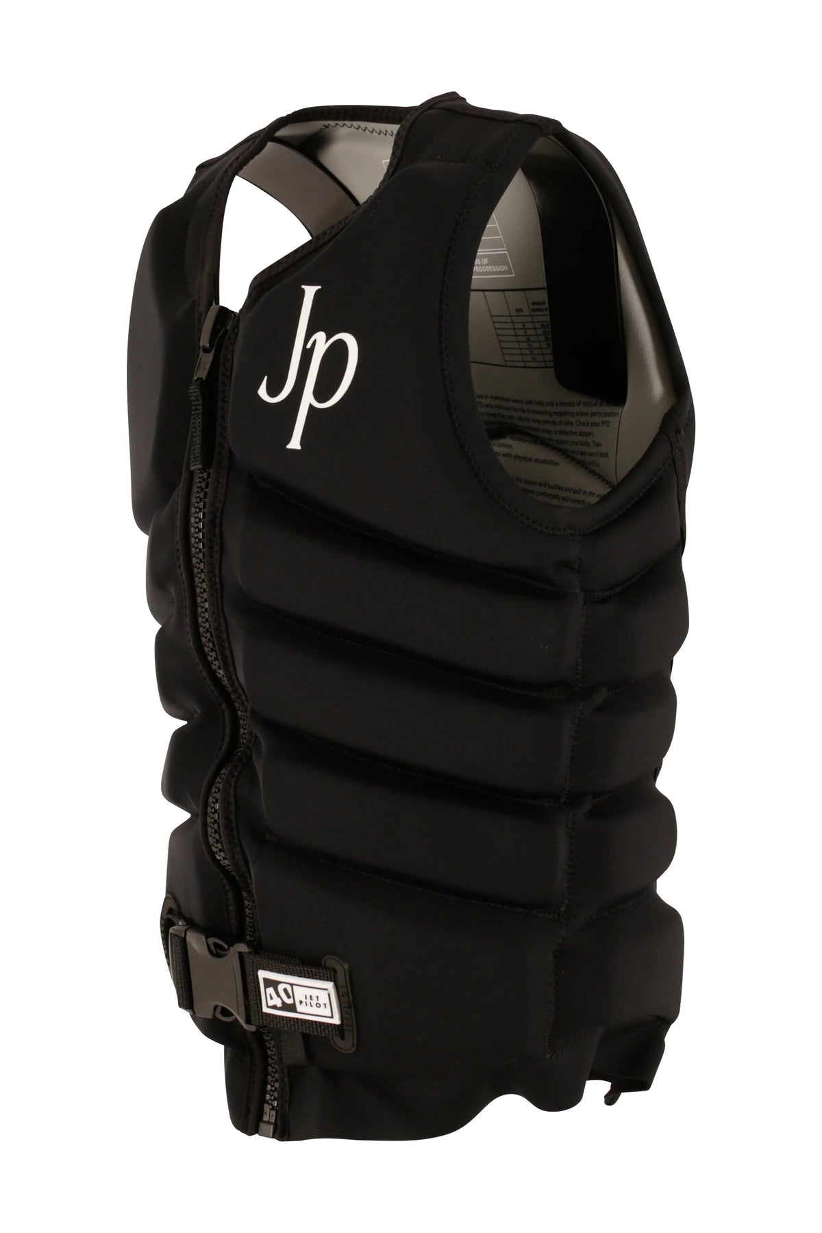 Three-quarter view of the Black Zahra X1 showing the segmented foam panels, white Jp monogram and grey lining