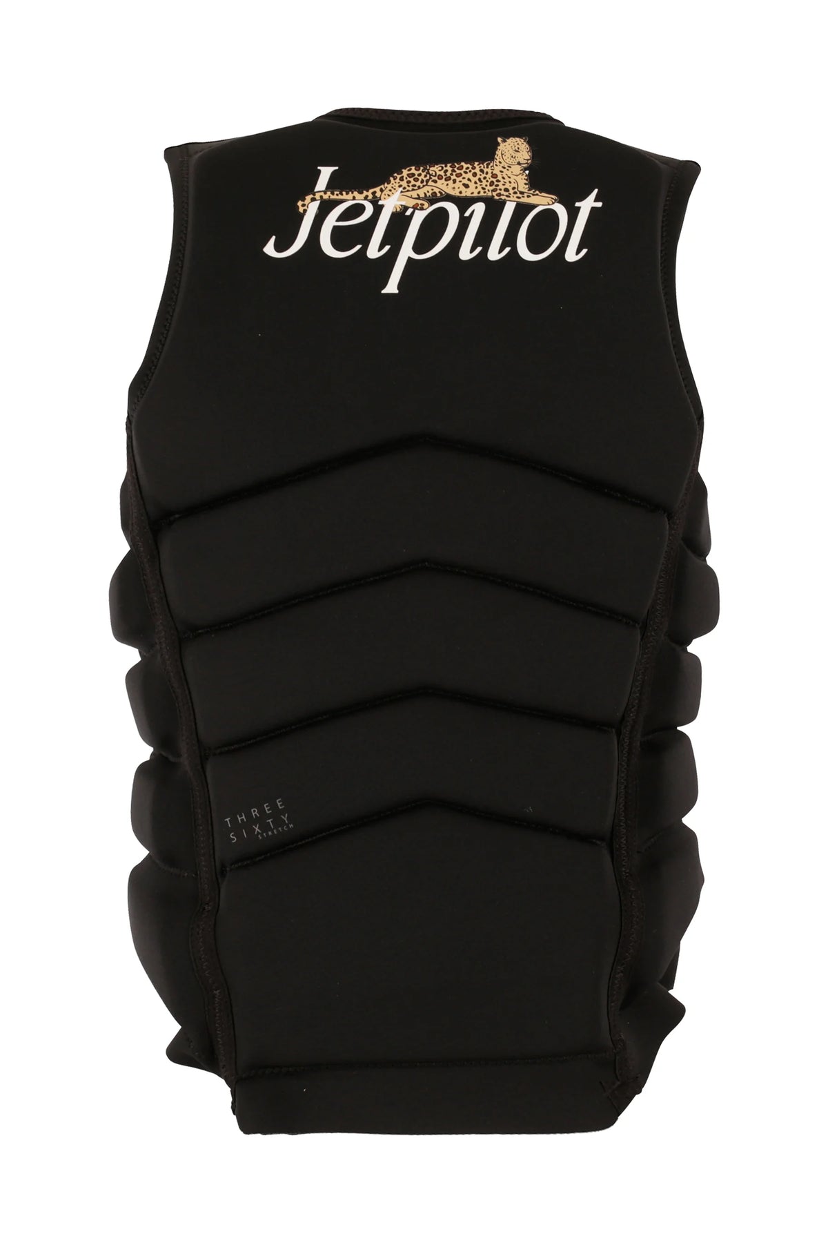 Back of the Black Zahra X1 with the leopard on the white Jetpilot script above V-shaped foam panels
