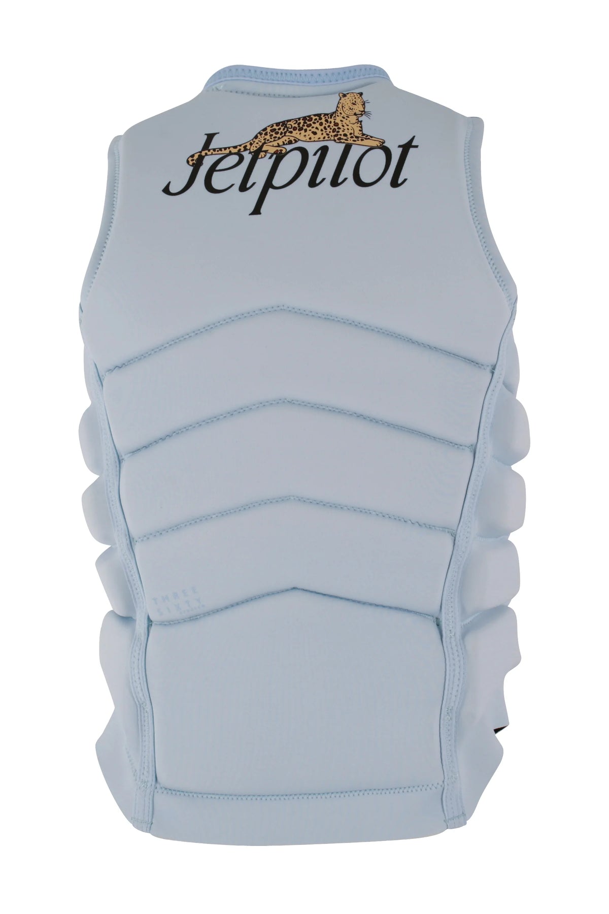 Back of the Ice Blue Zahra X1 with the leopard on the Jetpilot script above V-shaped foam panels