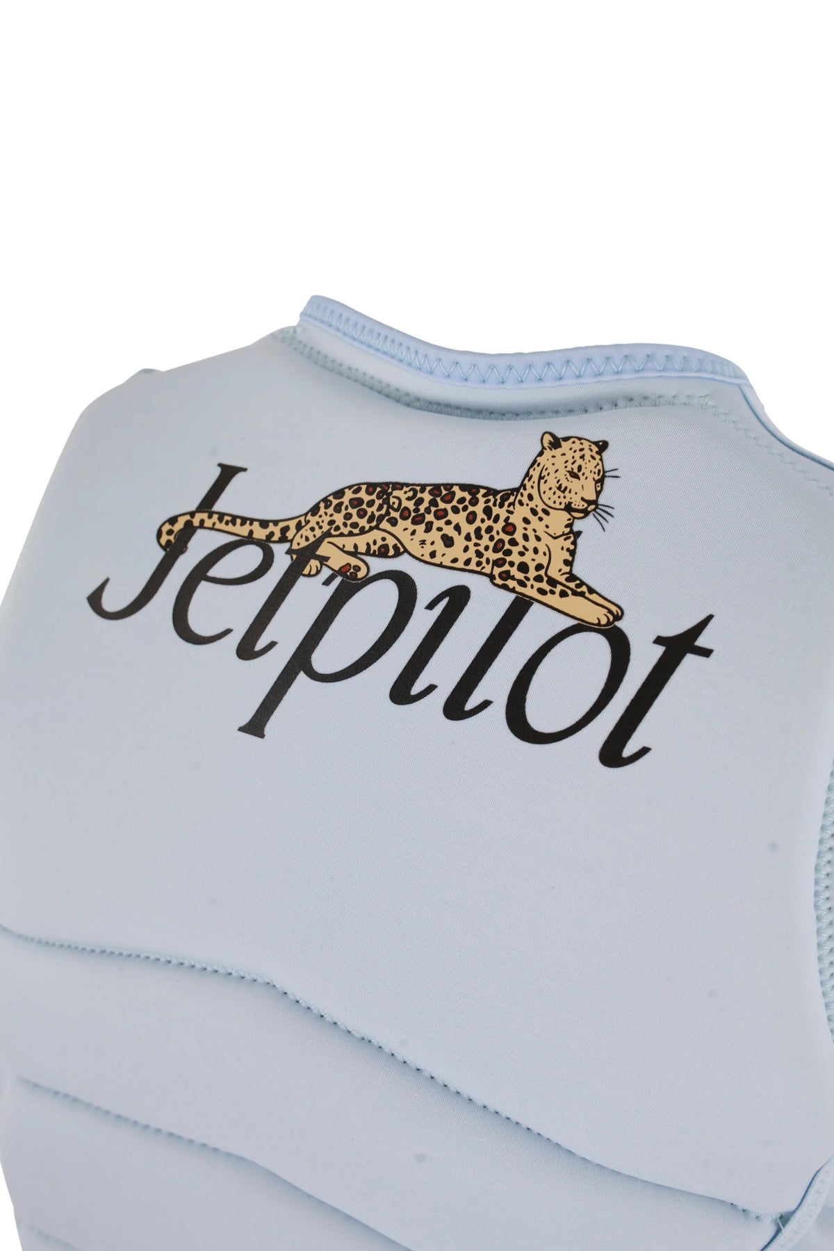 Close-up of the leopard print lying across the Jetpilot script on the back of the Ice Blue Zahra X1