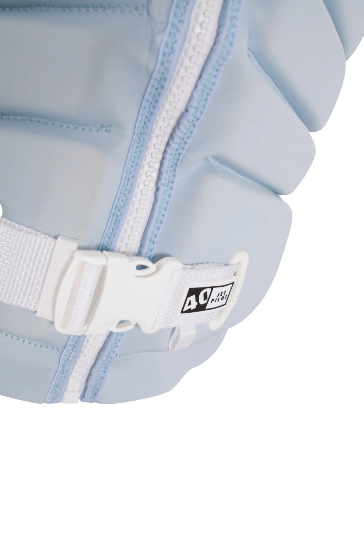Waist buckle with the 40 tab beside the white PK Lok zip on the Ice Blue Zahra X1