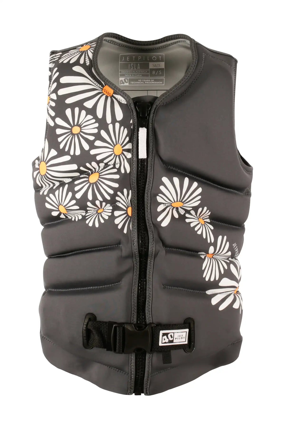 Jetpilot Isla wakeboard life jacket in Charcoal, front view with white daisies, black zip and 40 tab on the waist buckle