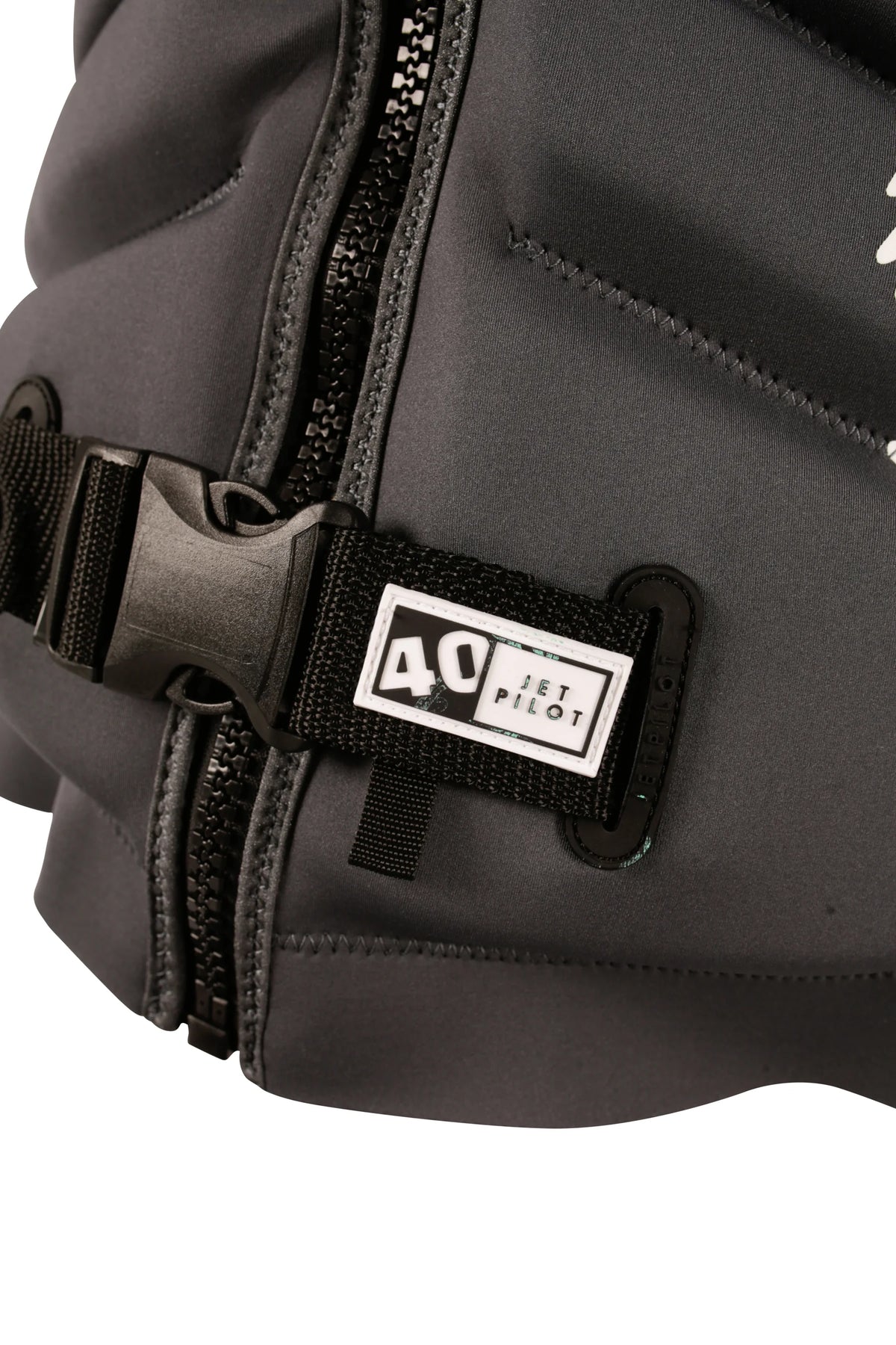 Black waist buckle with the 40 tab beside the black PK Lok zip on the Charcoal Isla