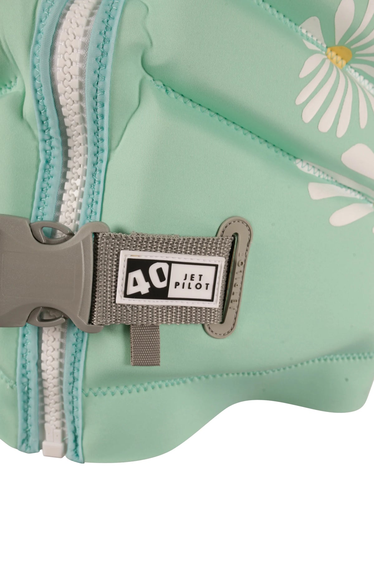 Grey waist buckle with the 40 tab beside the white PK Lok zip and teal trim on the Teal Isla