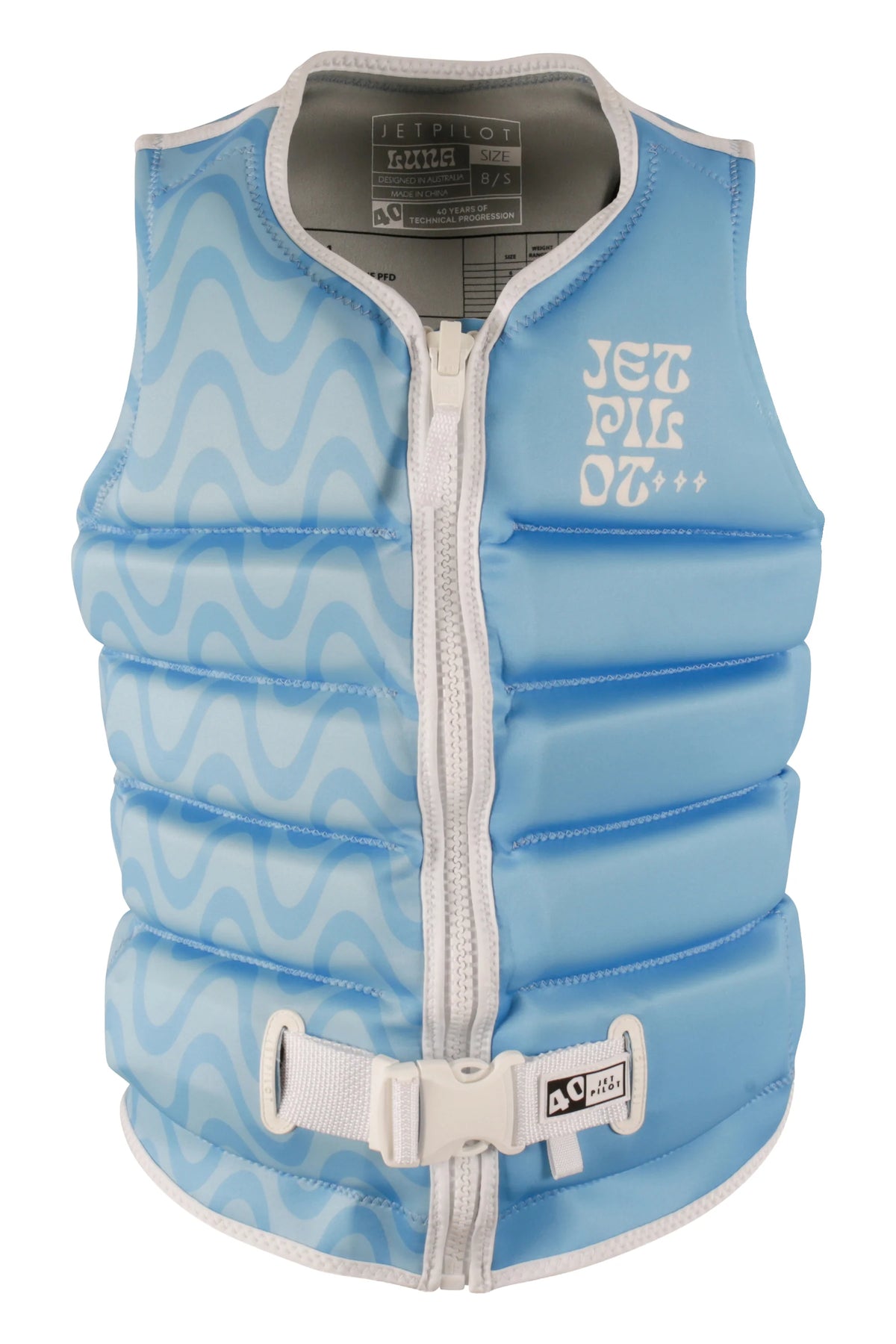 Jetpilot Luna wakeboard life jacket in Blue, front view with soft blue waves, white binding and stacked Jetpilot logo