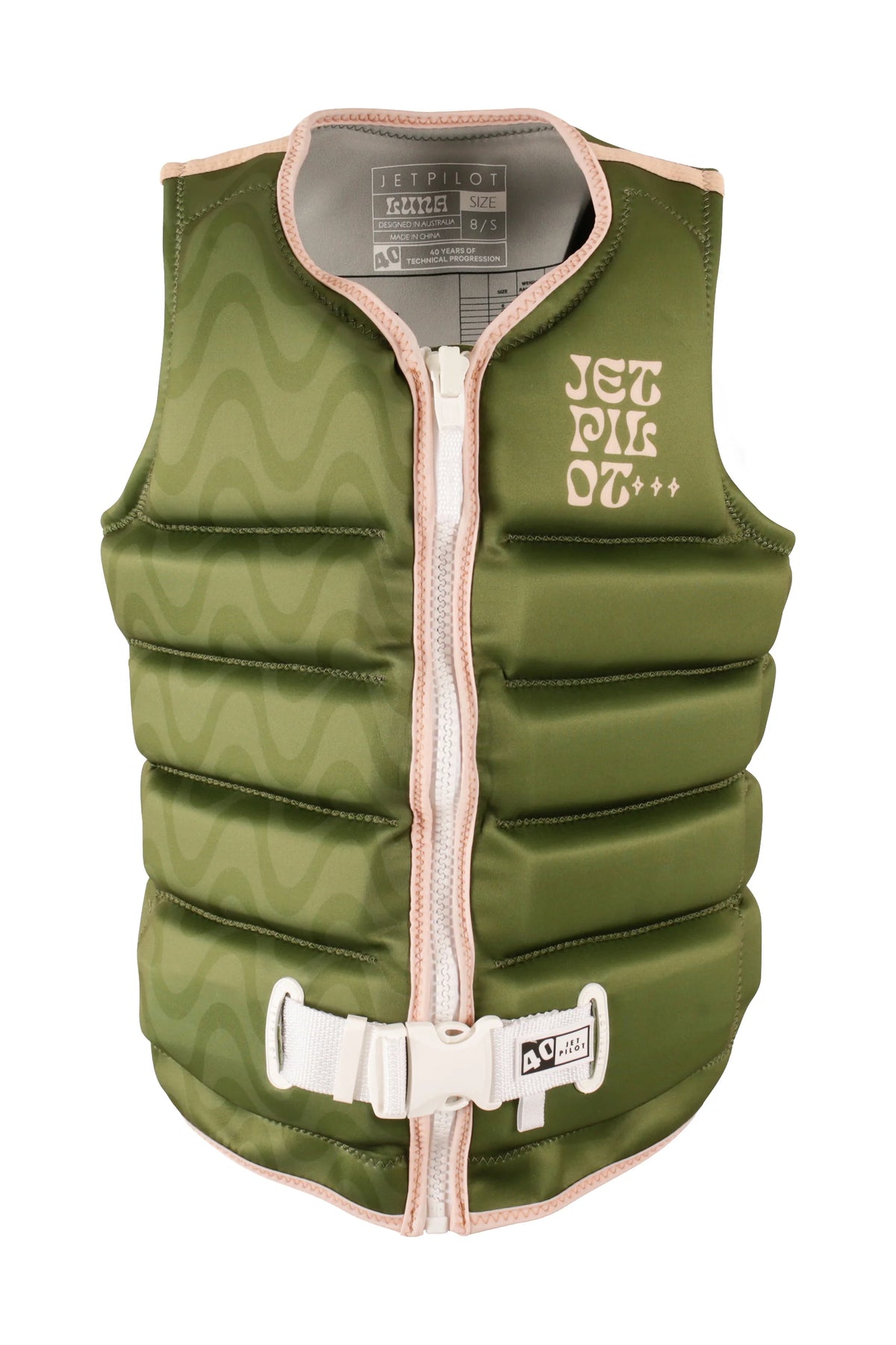 Jetpilot Luna wakeboard life jacket in Olive, front view with olive waves, peach binding and stacked peach Jetpilot logo