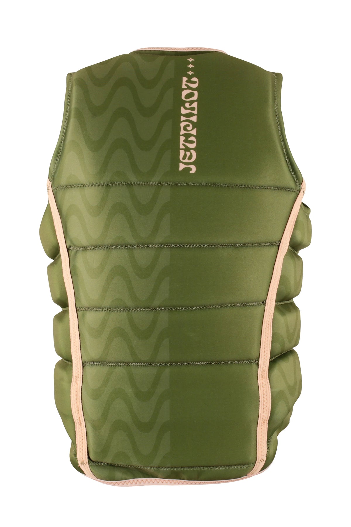 Back of the Olive Luna with lighter olive waves down one side and the Jetpilot logo running vertically