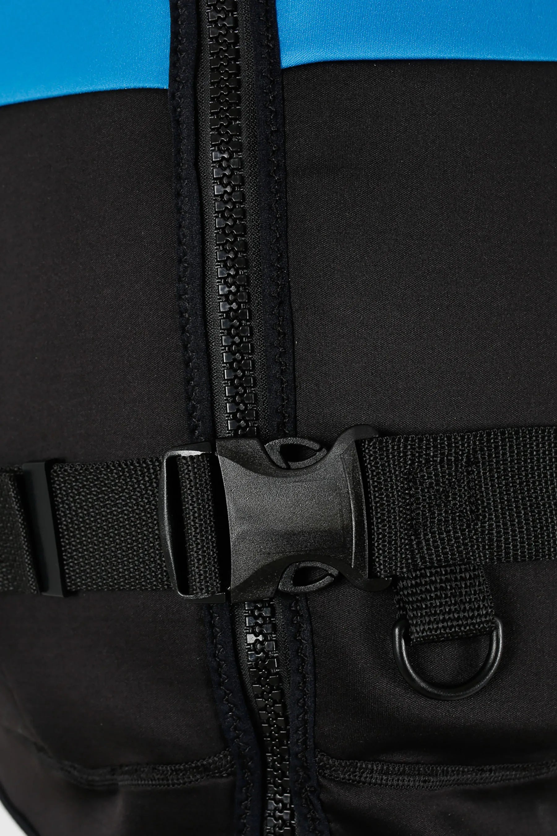 Close-up of a blue/black life jacket with a buckle and zipper