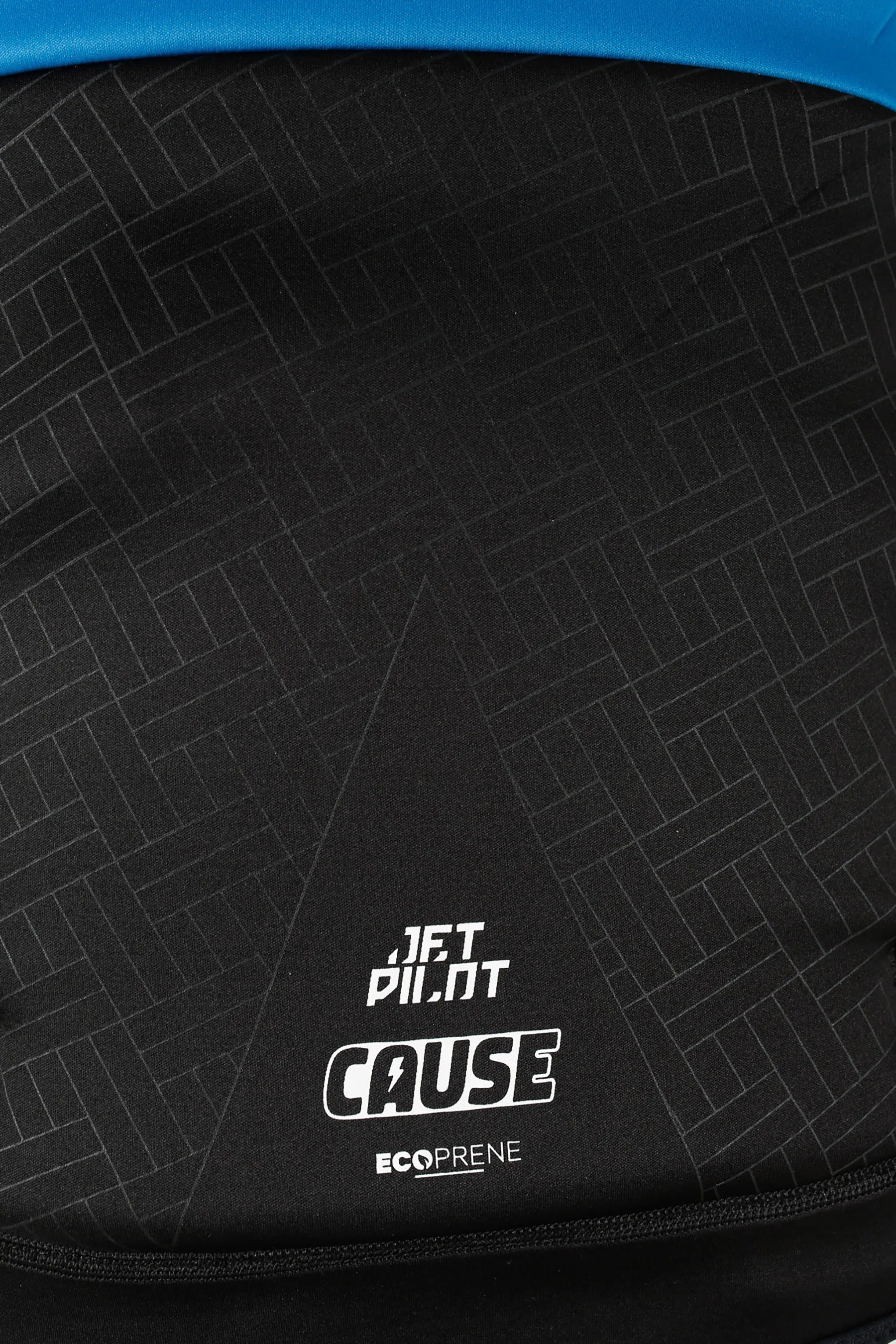 Close-up of a bottom of back life jacket with 'Jetpilott' and 'CAUSE' branding on a patterned background.