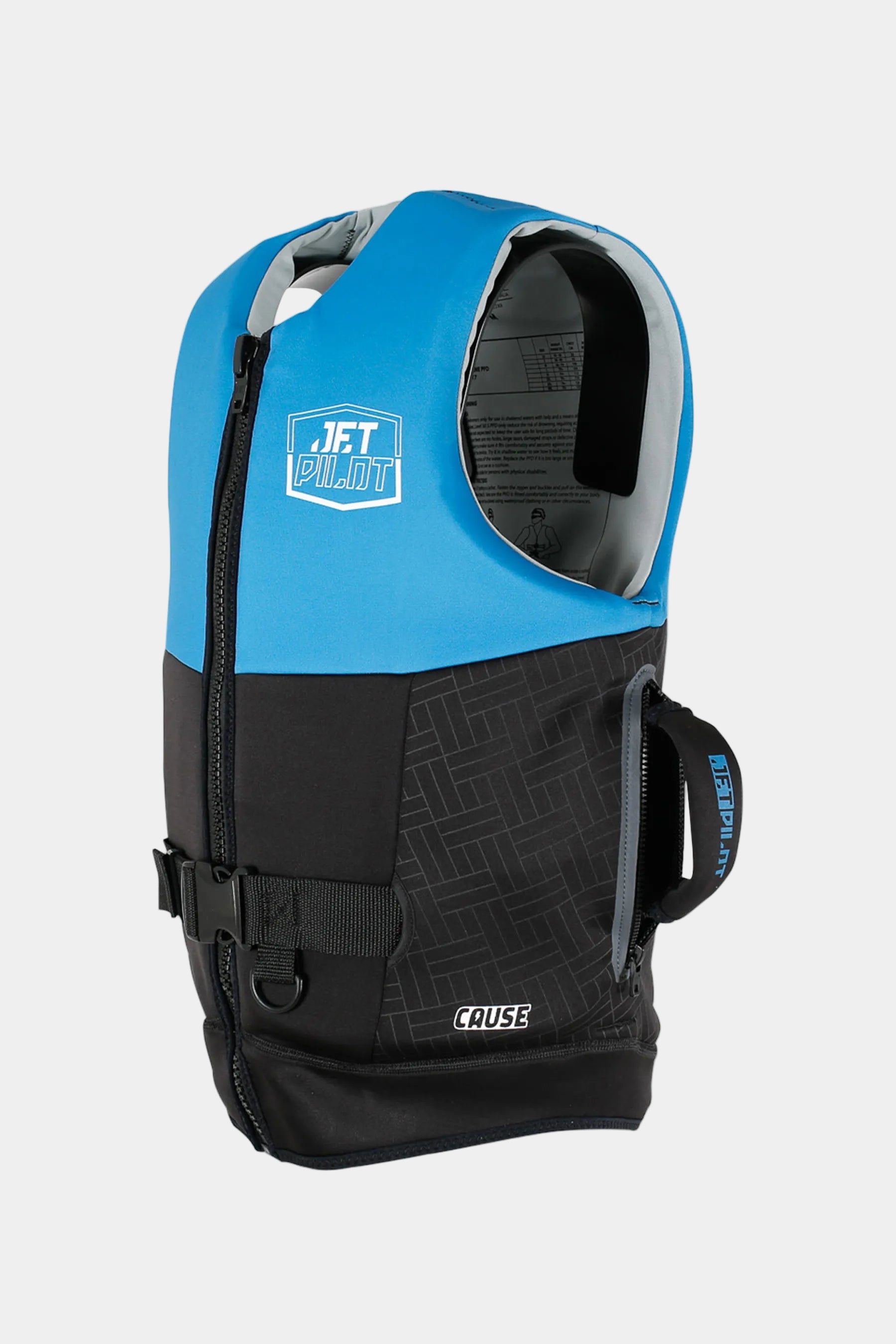 Blue and black backpack with visible branding on a white background