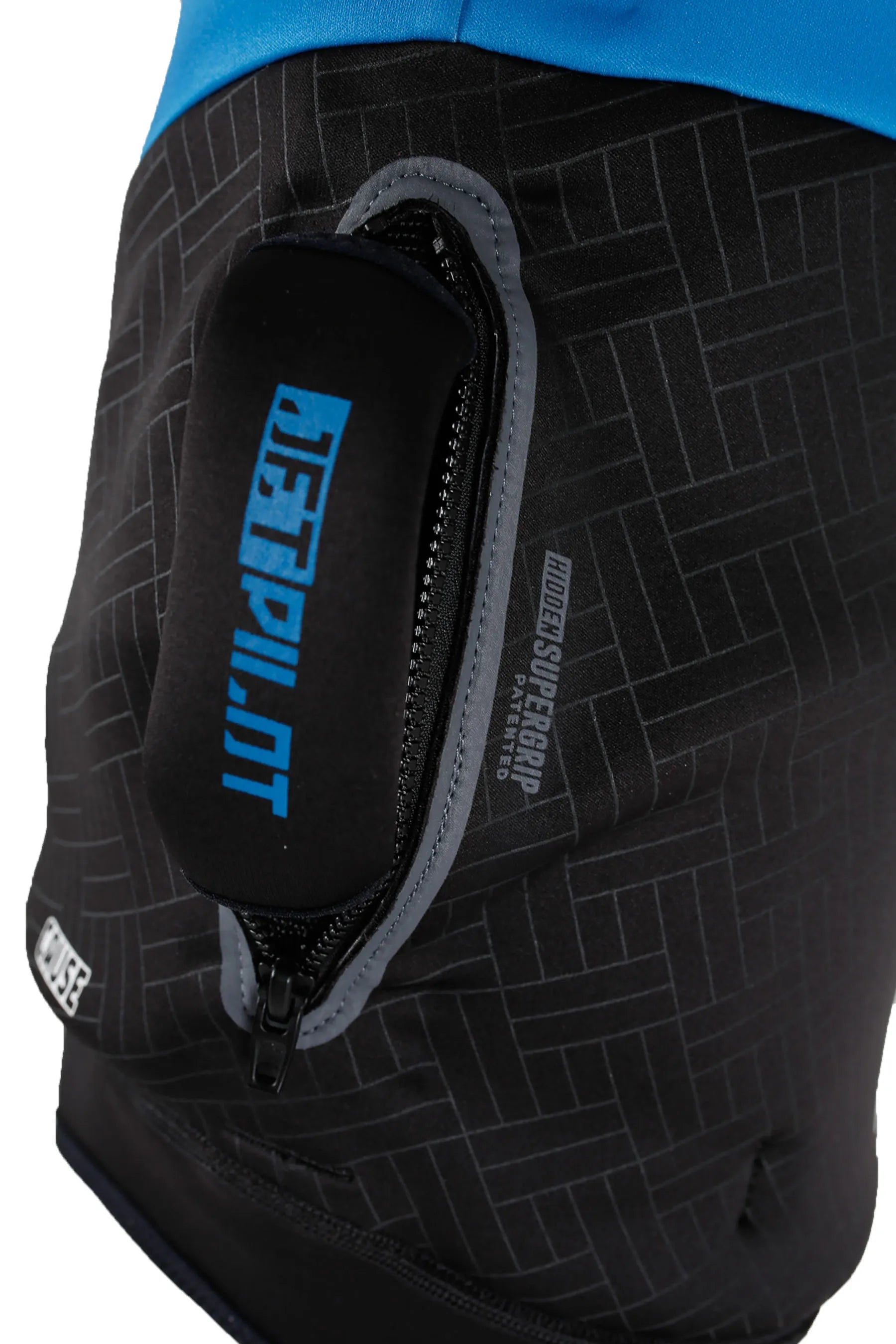 Black knee pad with a visible brand logo on a white background