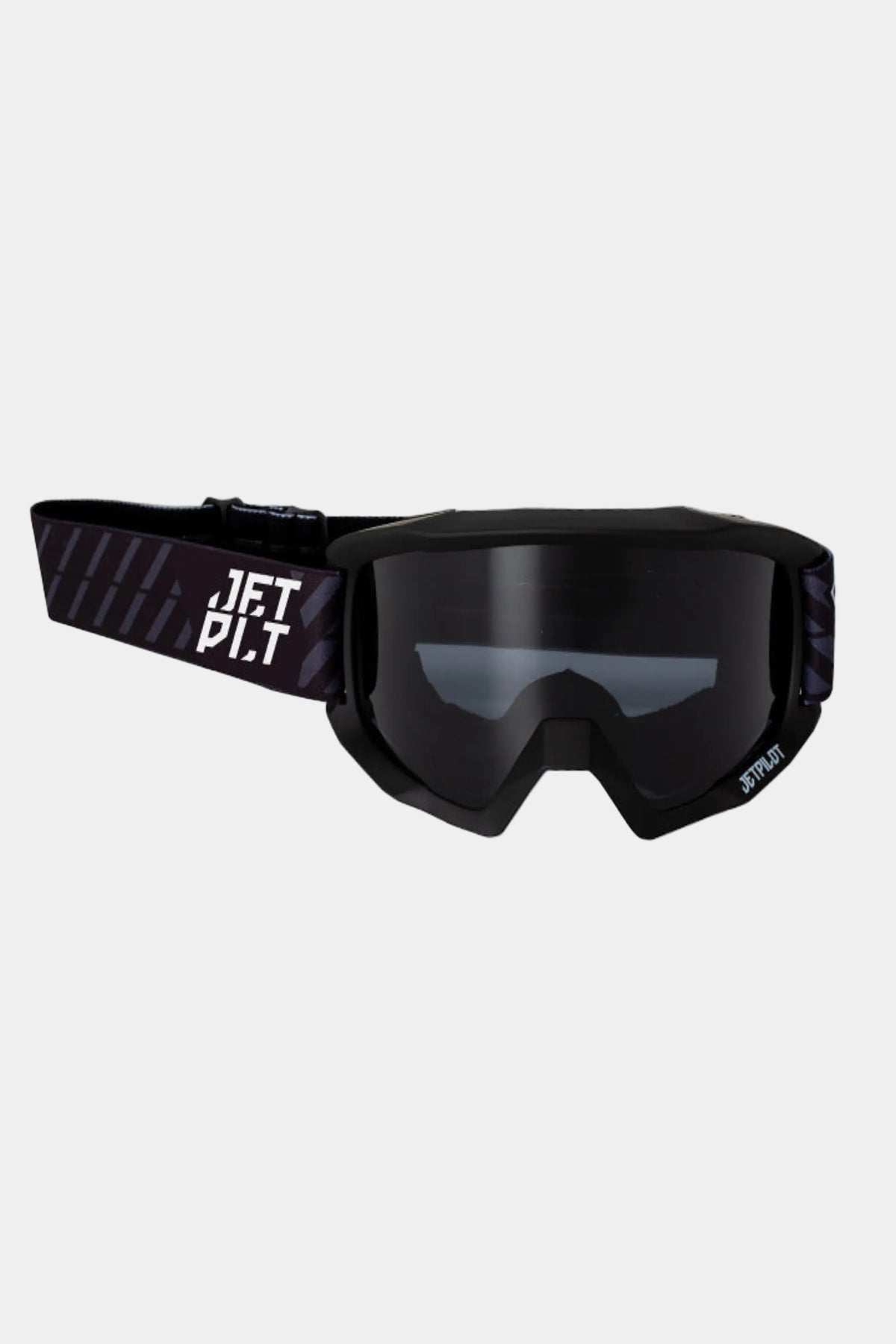 Jetpilot H2O Floating jet ski goggles in Black, front three-quarter view with smoke lens and stacked Jetpilot logo strap