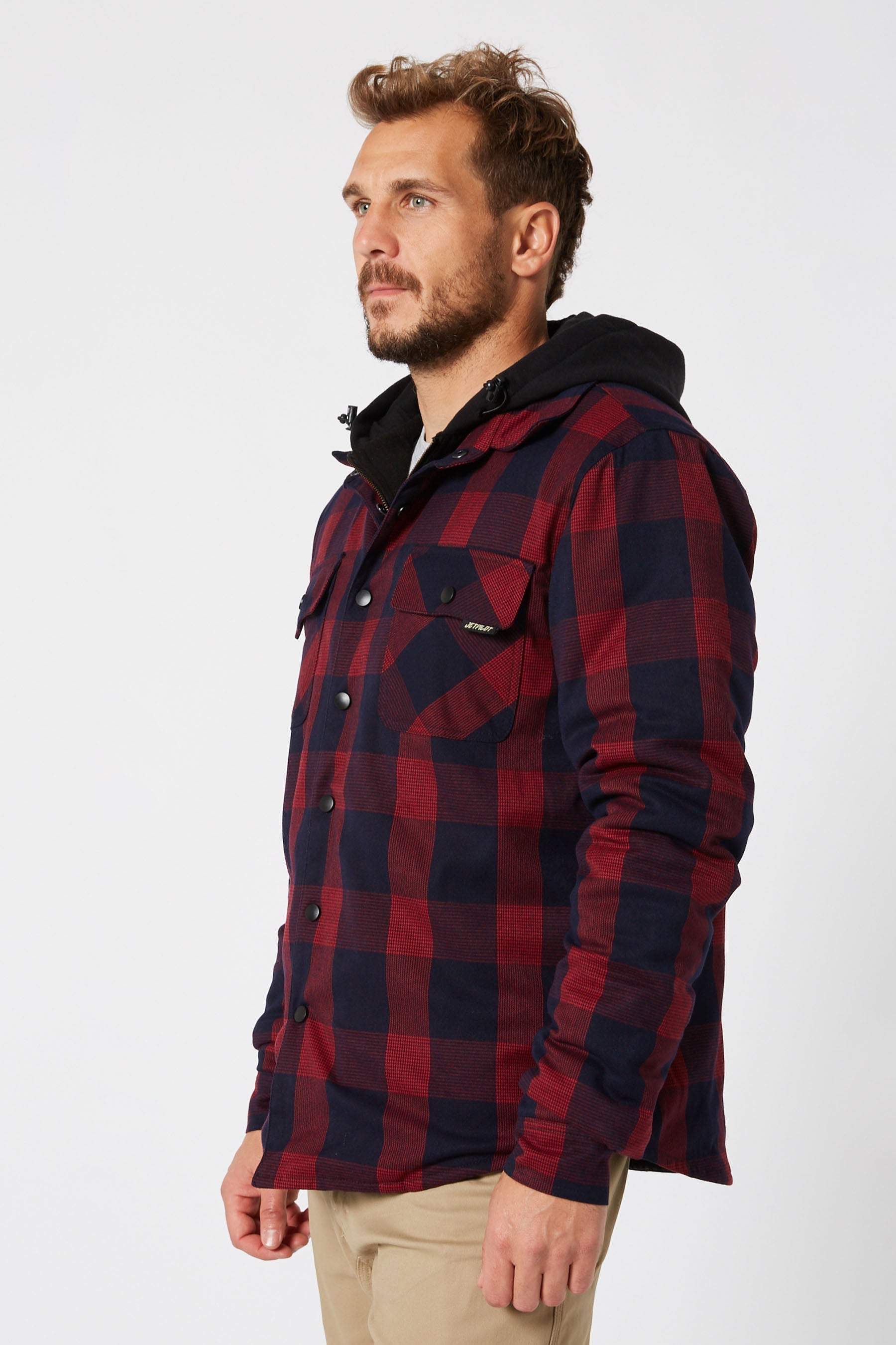 Jetpilot quilted mens flannel jacket red check front view showing chest pockets and button closure