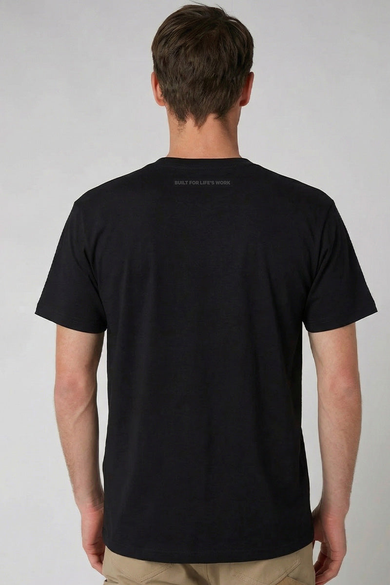 Person wearing a black t-shirt with text on the back against a gray background — view 3 (3)
