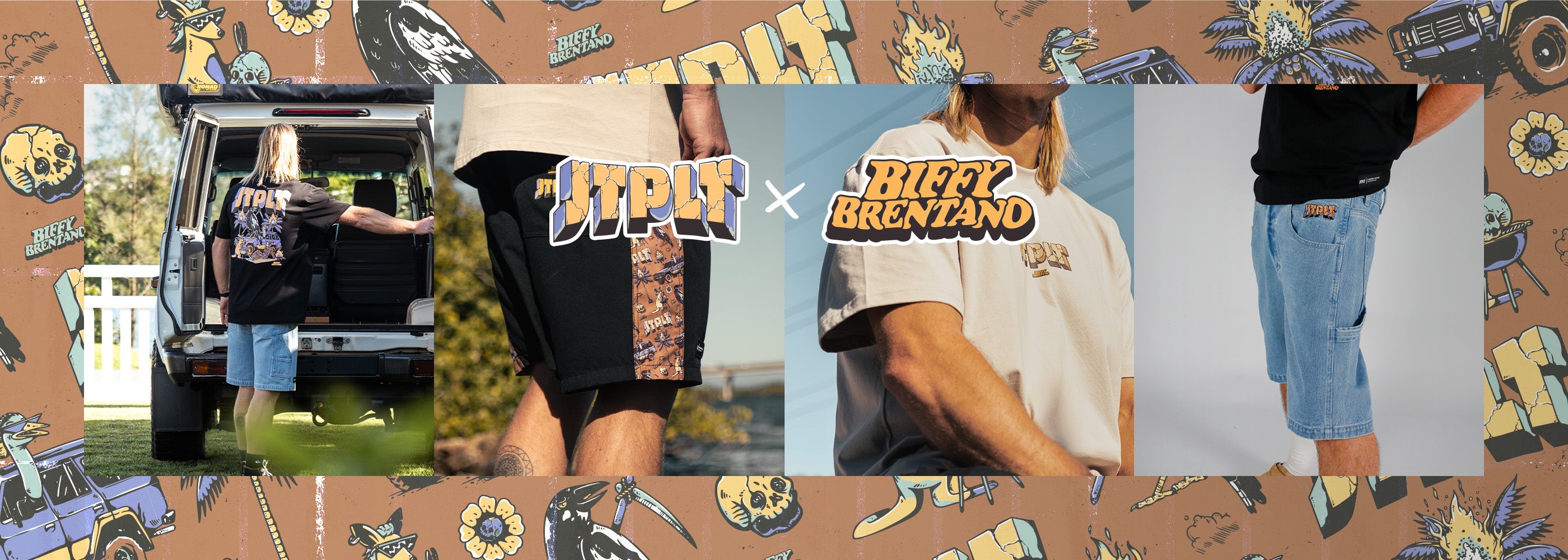 Collage of people wearing shorts with 'Biffy Brennan' branding on a patterned background.