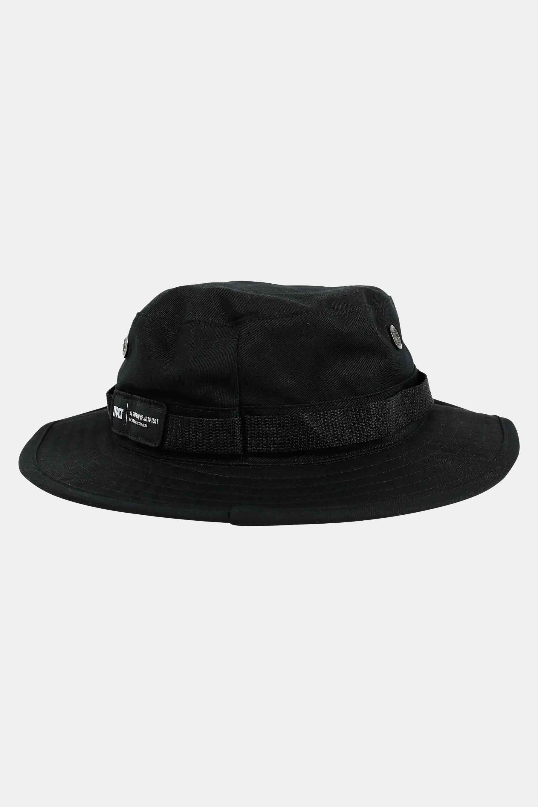Black bucket hat on a light gray background