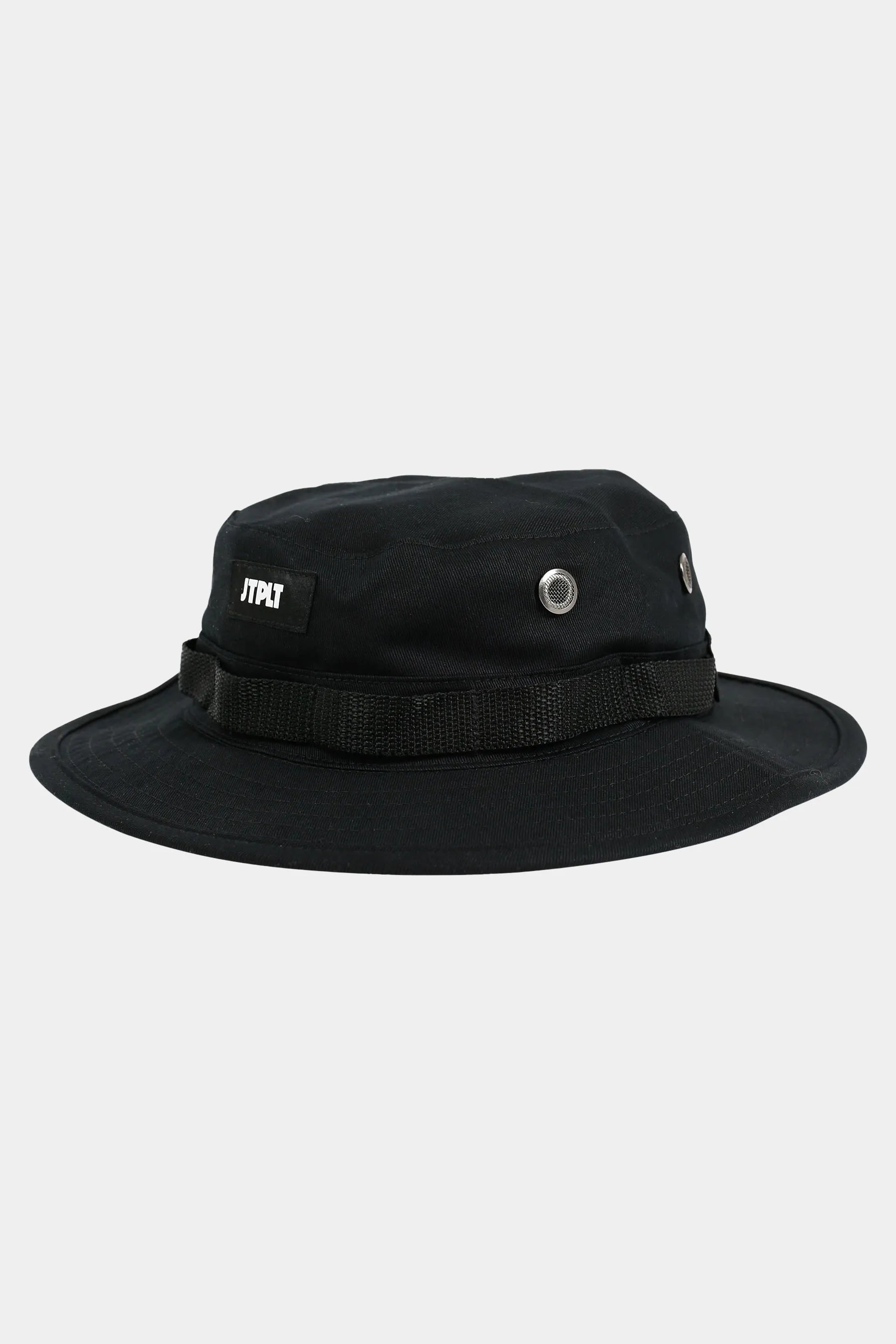 Black bucket hat with a brand logo on a light gray background