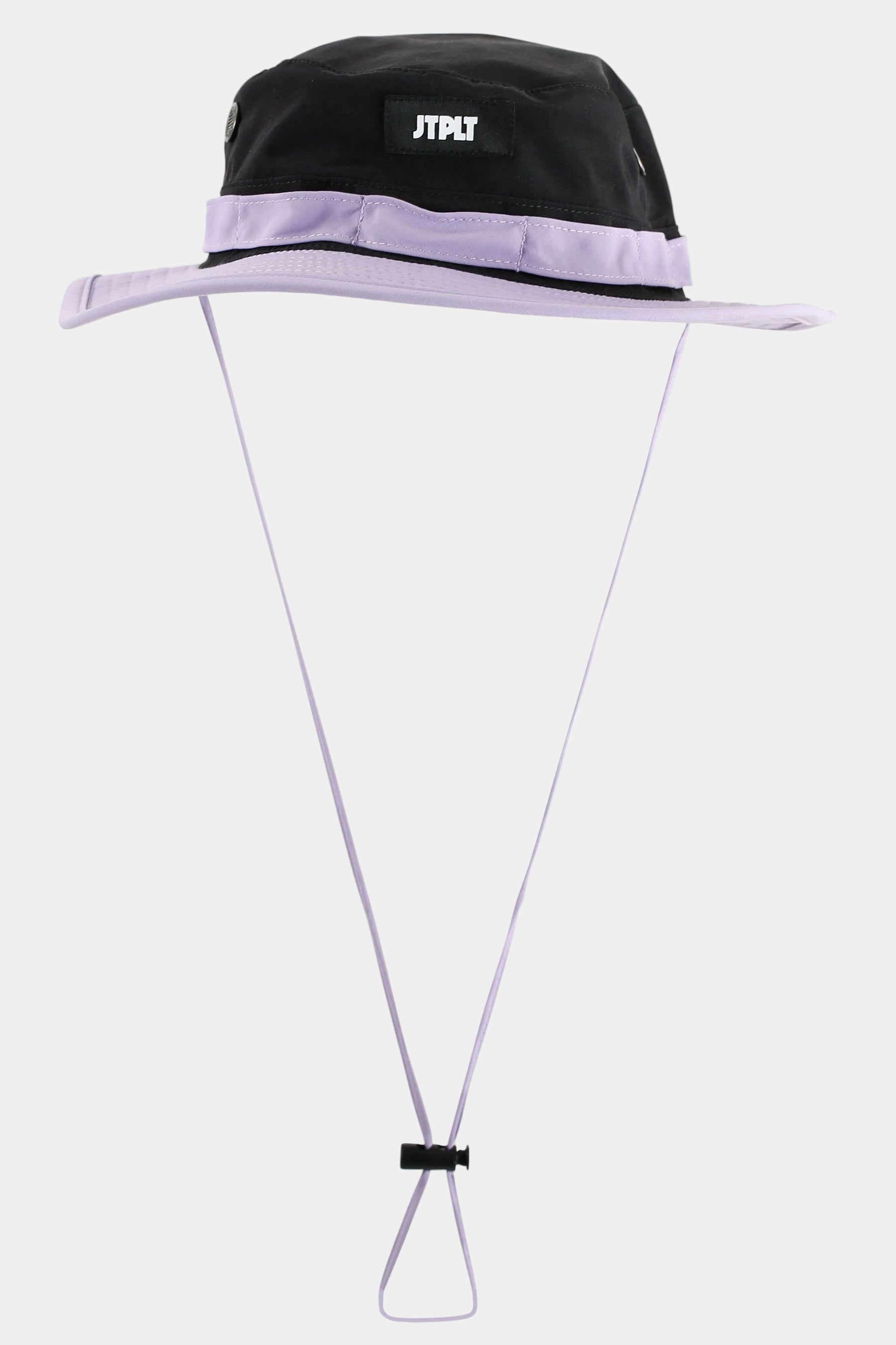 Black and Purple bucket hat, with chin cord with a brand logo on a white background