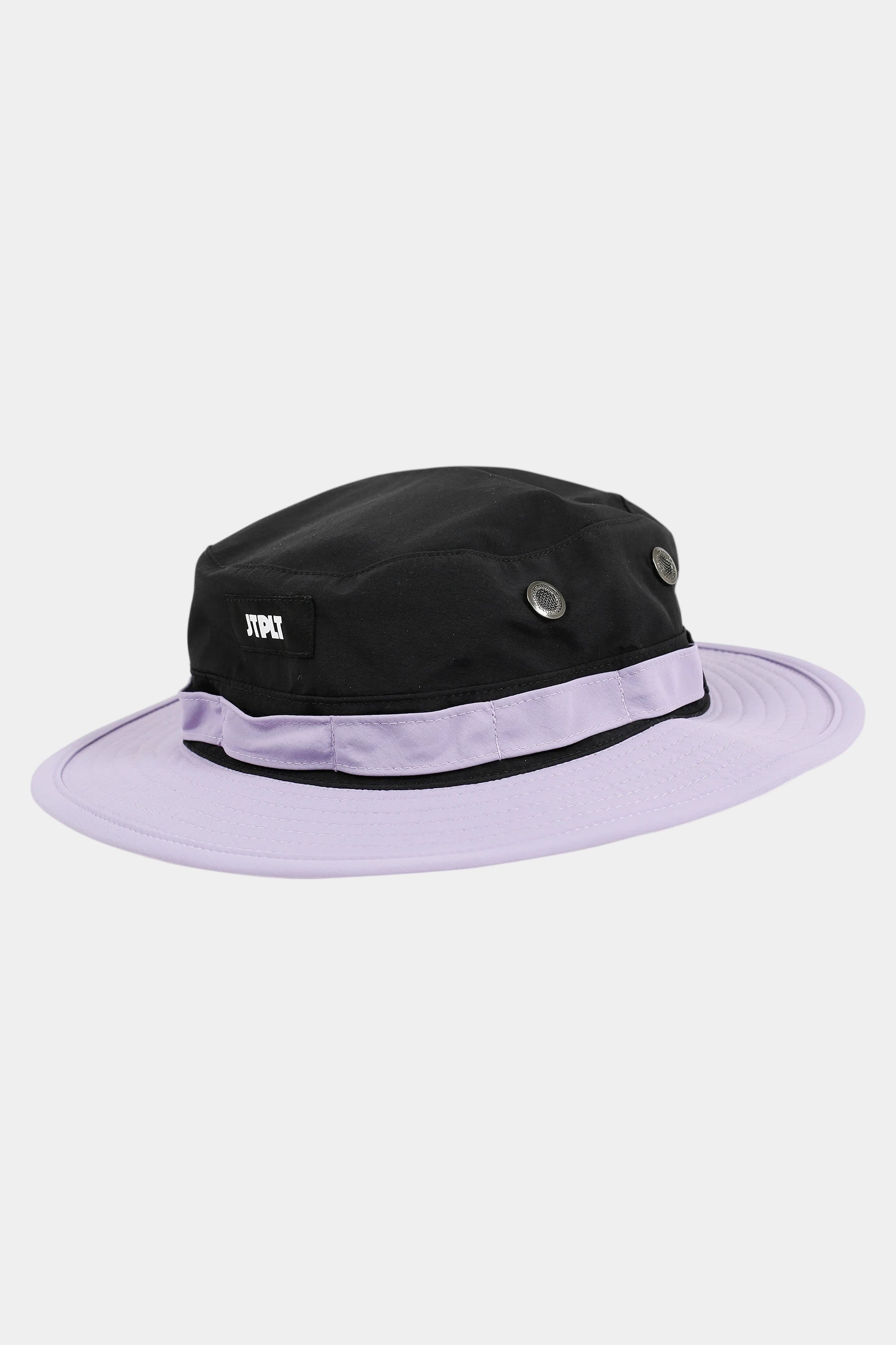 Black and purple bucket hat on a white background