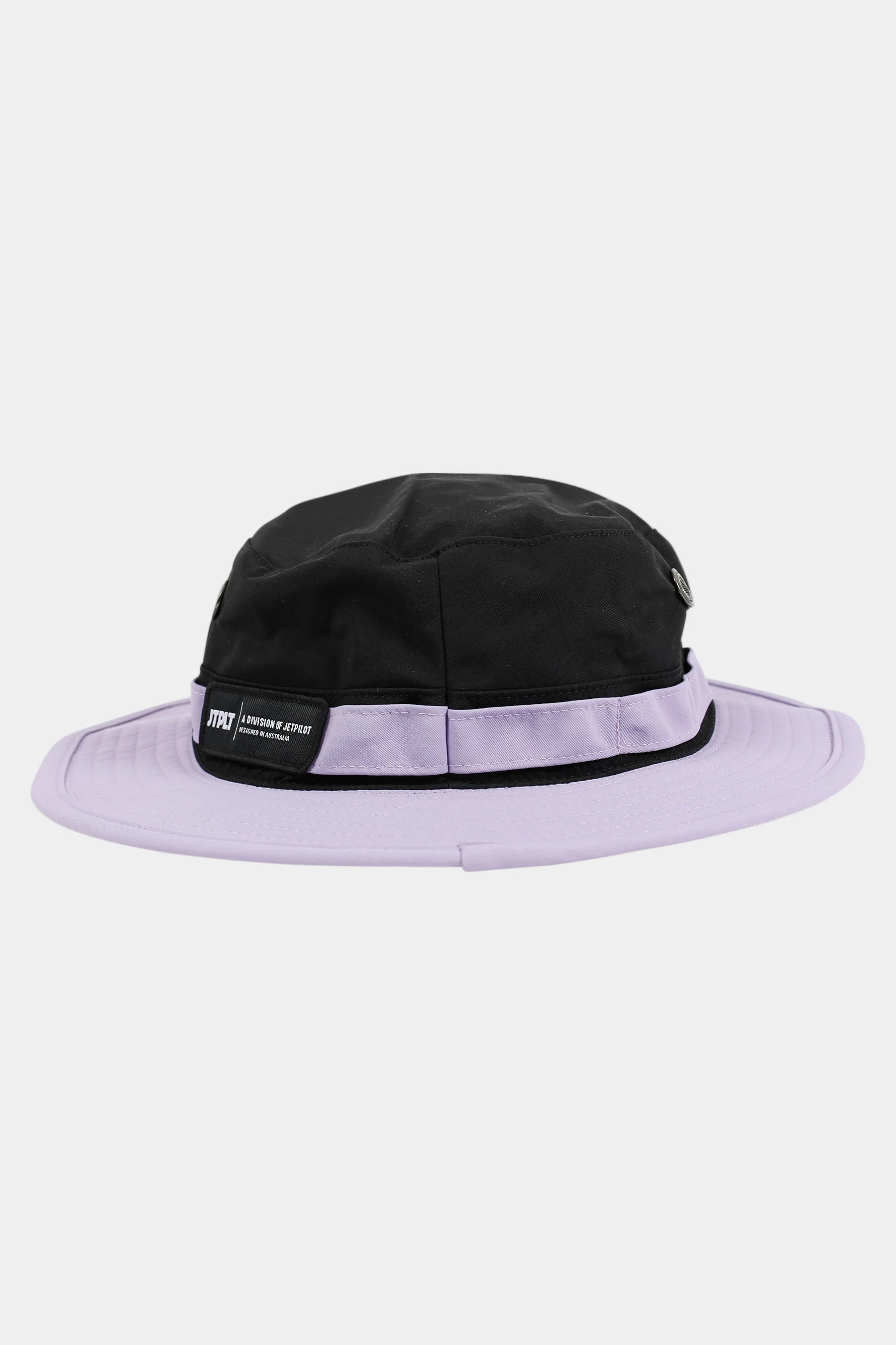 Black and white bucket hat, side JTPLT logo patch on a white background