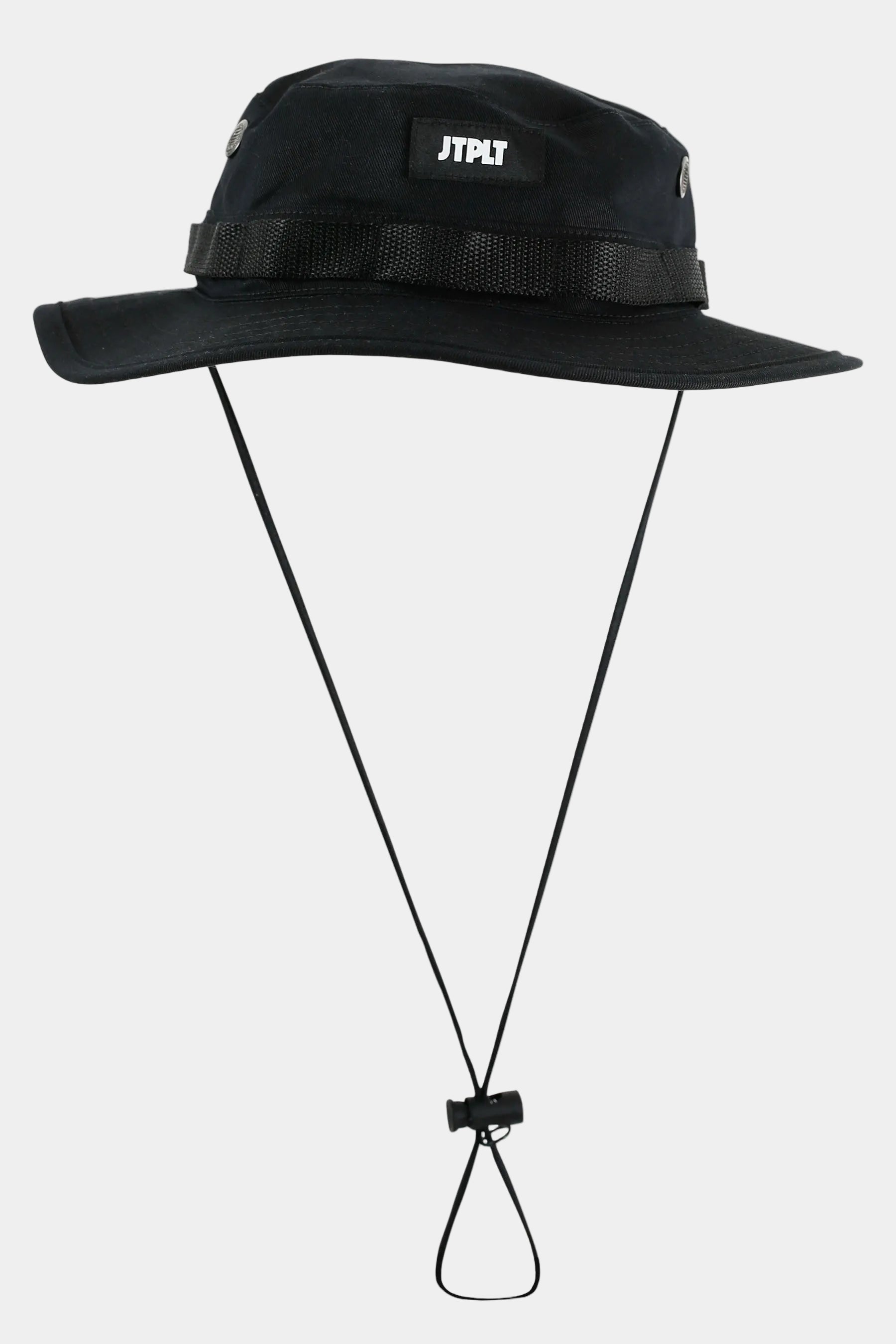 Black wide-brimmed hat, JTPLT Logo Patch with a strap on a white background