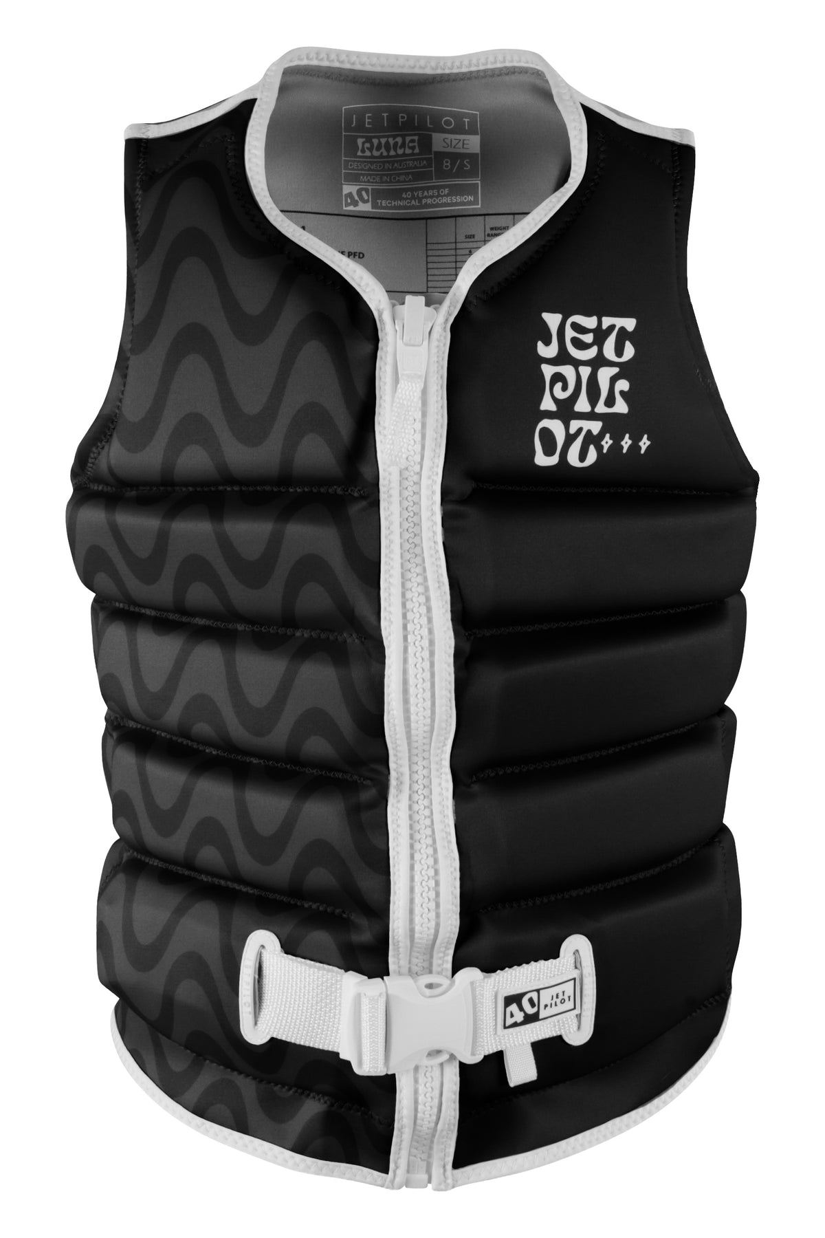 Jetpilot Luna wakeboard life jacket in Black, front view with dark grey waves, white binding and stacked white Jetpilot logo