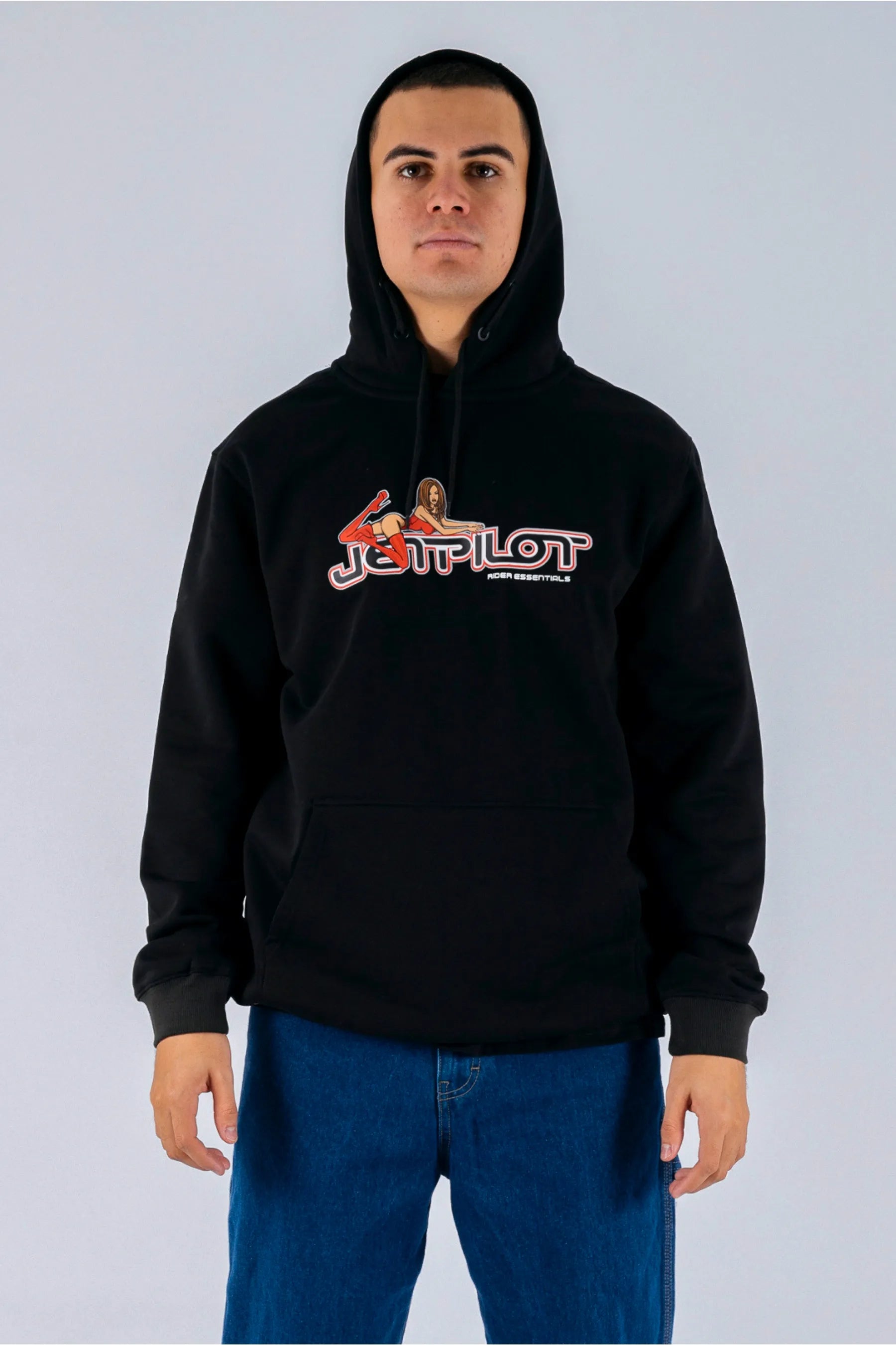 front view of a person wearing a black  pullover with a Jetpilot logo on a white background — view 1 (3)