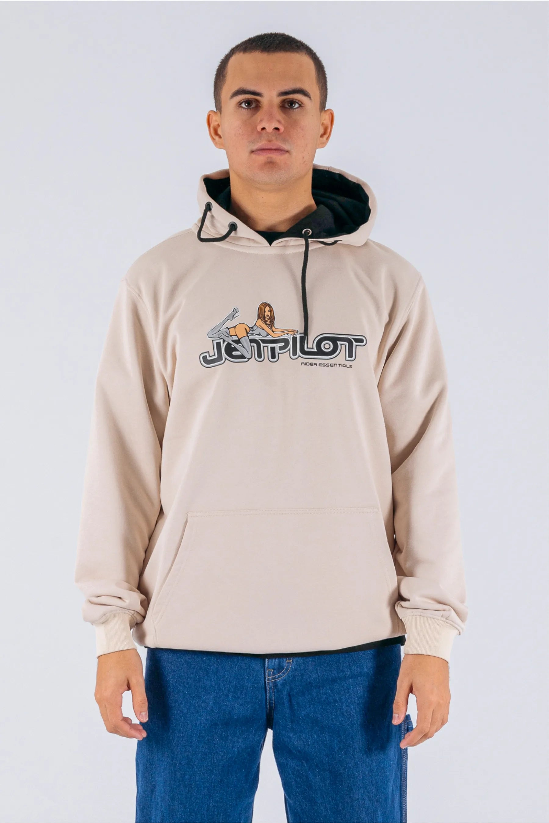 front view of a person wearing a cement pullover with a Jetpilot logo on a white background — view 1 (3)