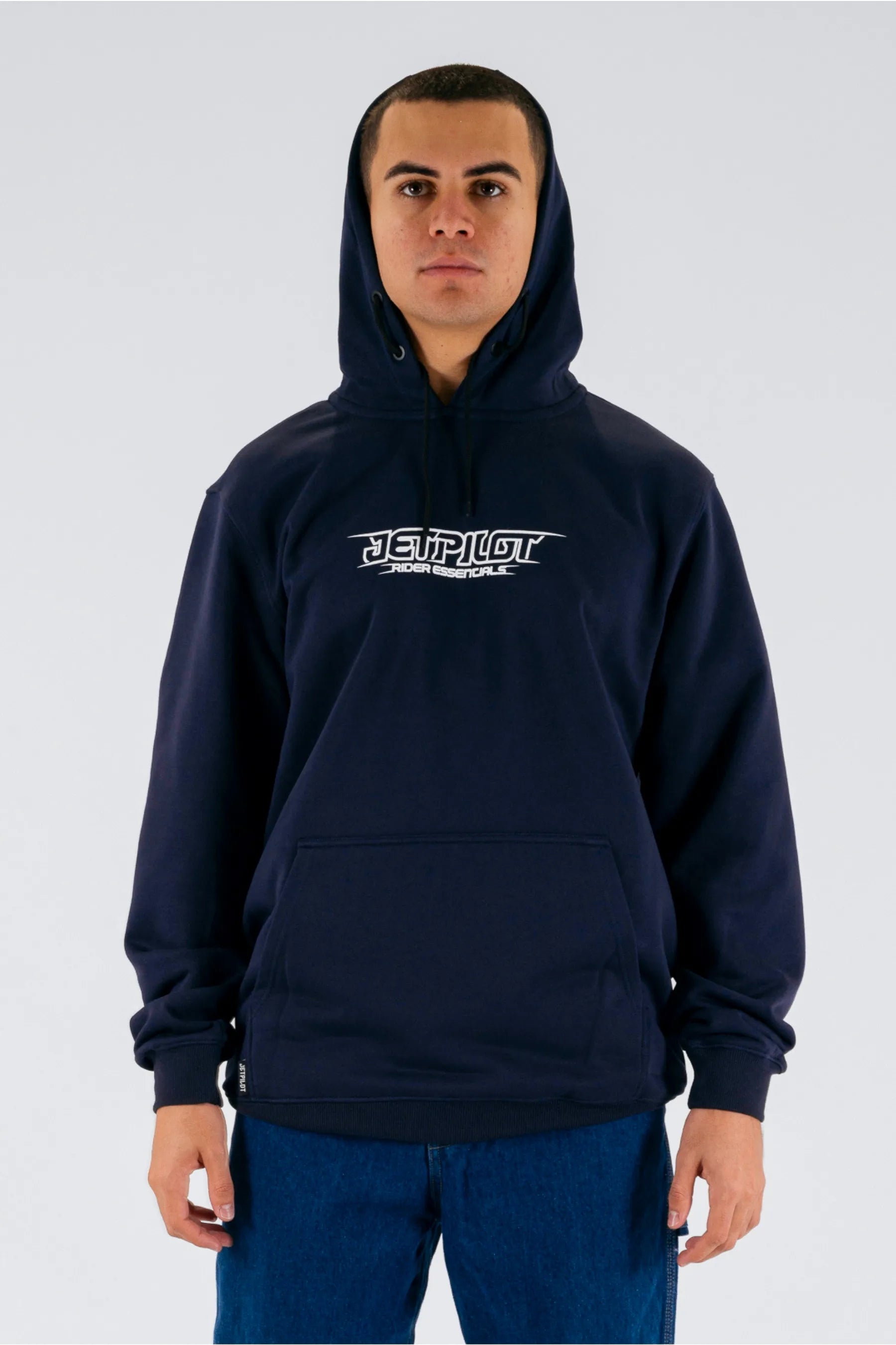 front view of a person wearing a dark blue pullover with a Jetpilot logo on a white background — view 1 (3)