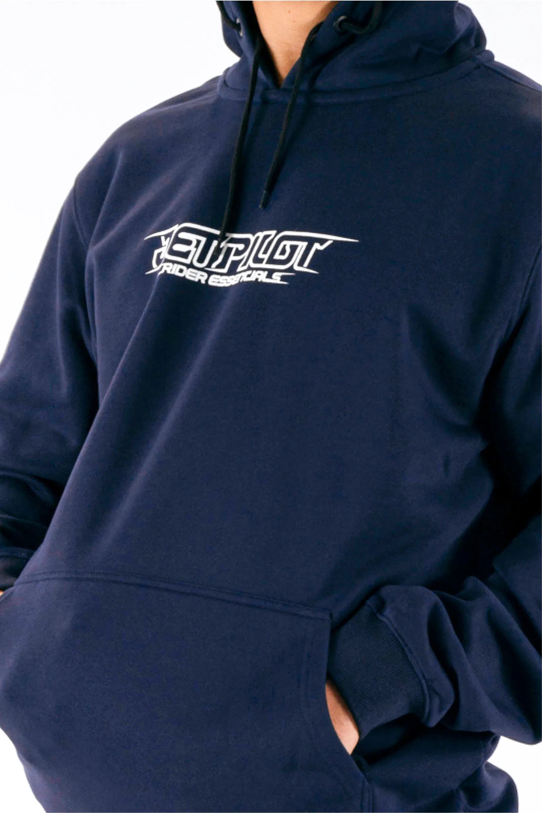 close up of a person wearing a dark blue pullover with a Jetpilot logo on a white background — view 5 (3)