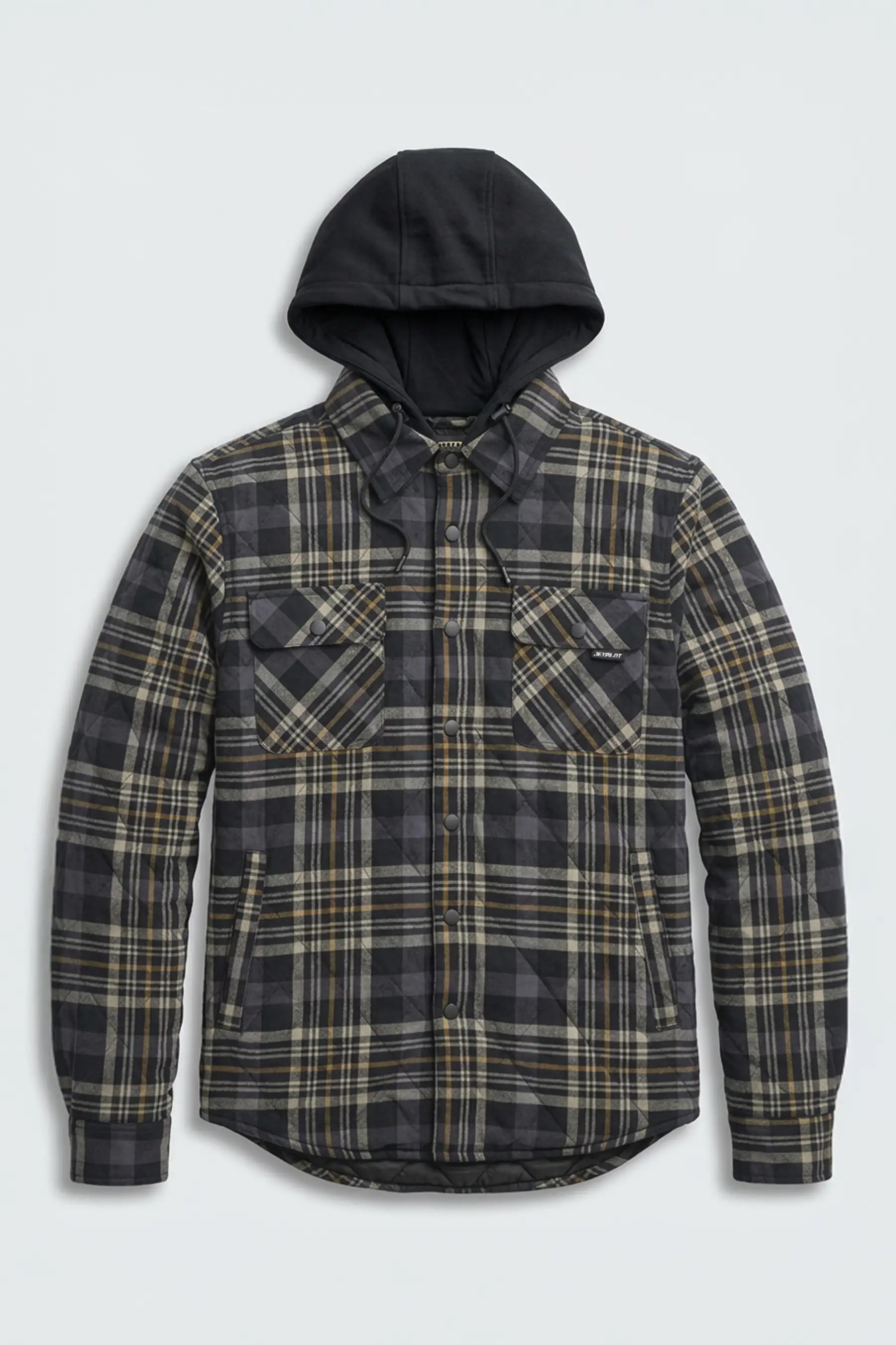 Jetpilot Grey Quilted Flannel Jacket with a hood on a light gray background
