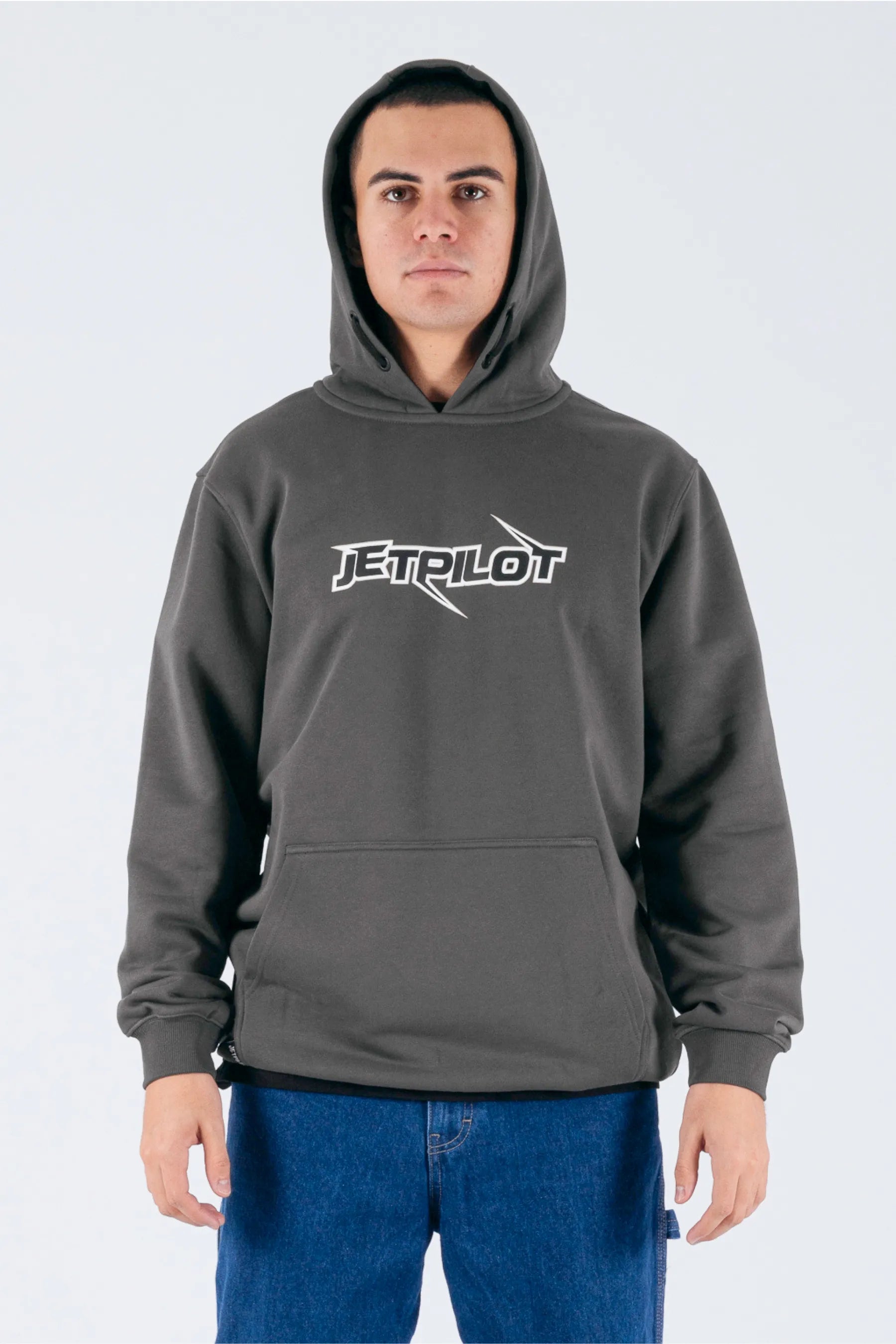 front view of a person wearing a charcoal pullover with a Jetpilot logo on a white background — view 1 (6)