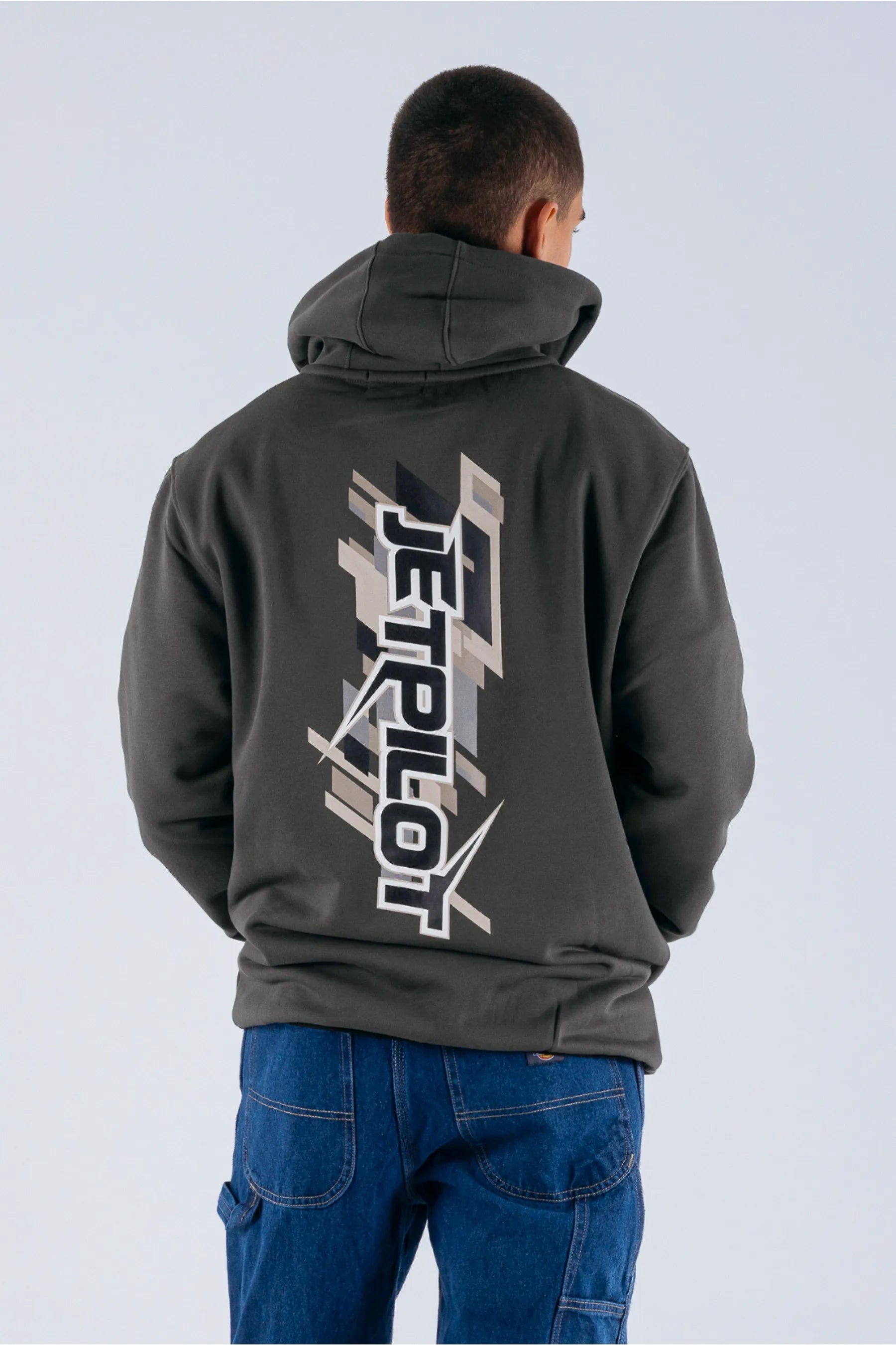 back view of a person wearing a charcoal pullover with a Jetpilot logo on a white background — view 2 (4)