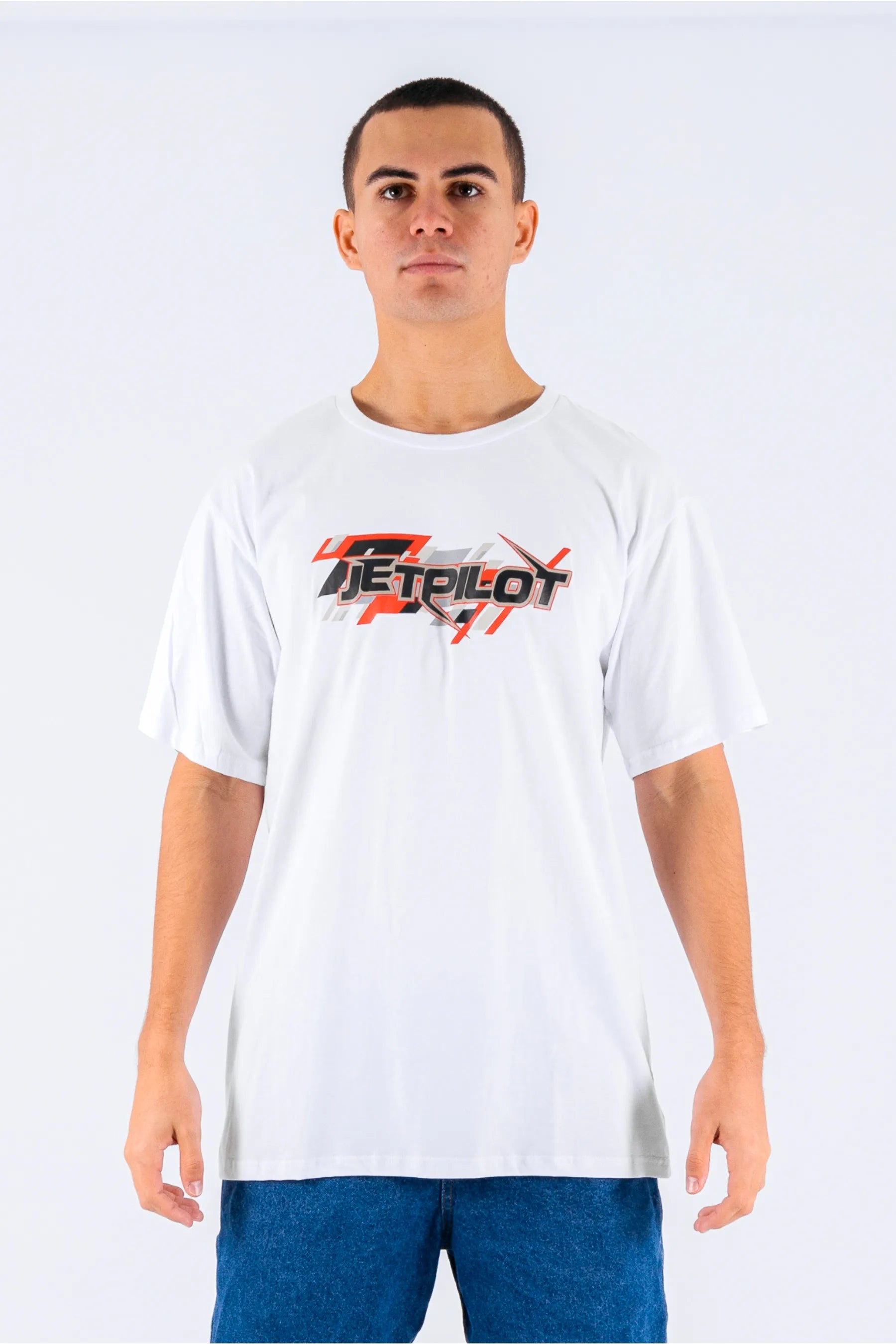 Front view of a person wearing a white tee with a Jetpilot logo on a white background — view 1 (8)