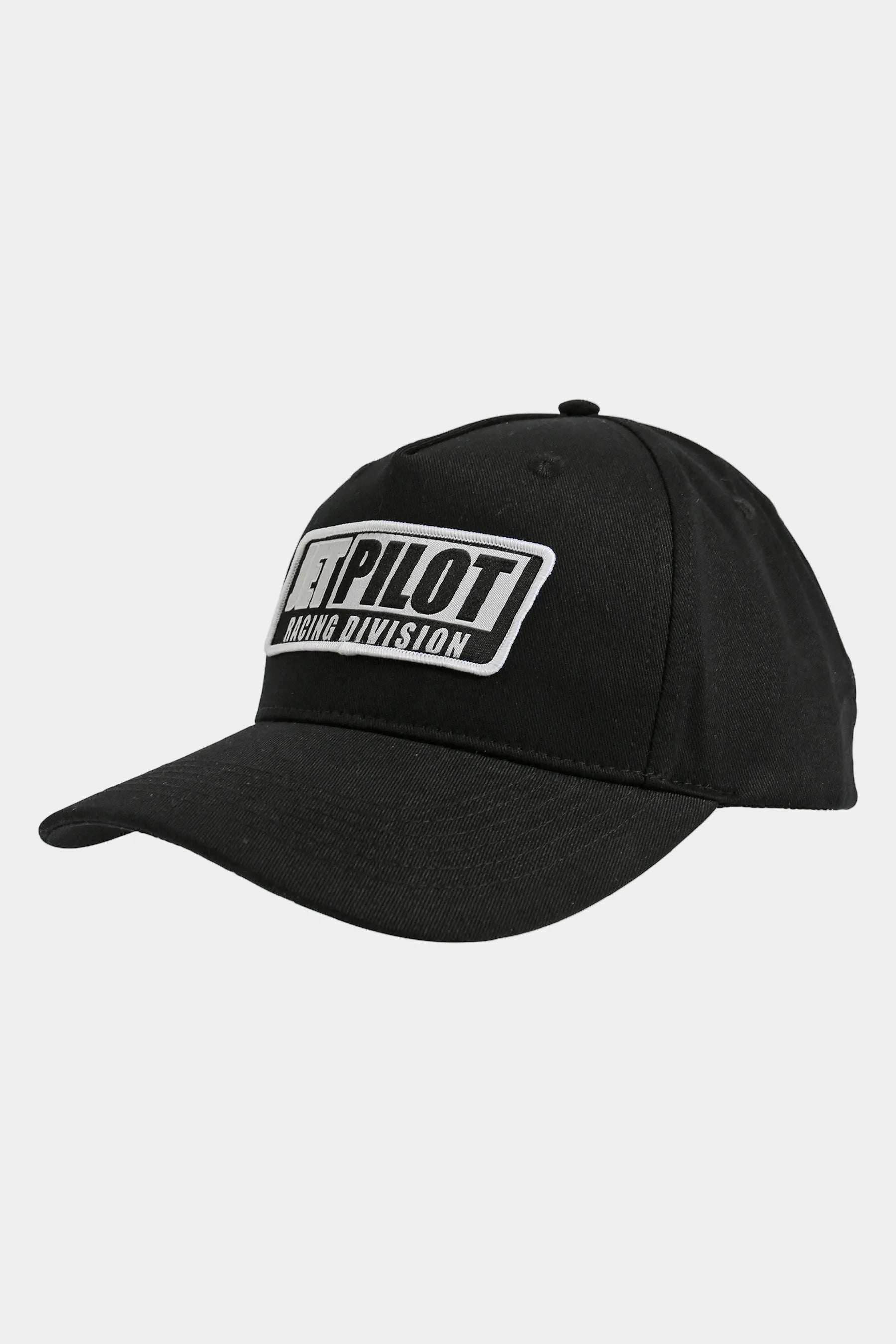 Black cap with grey 'Jetpilot' logo on a white background