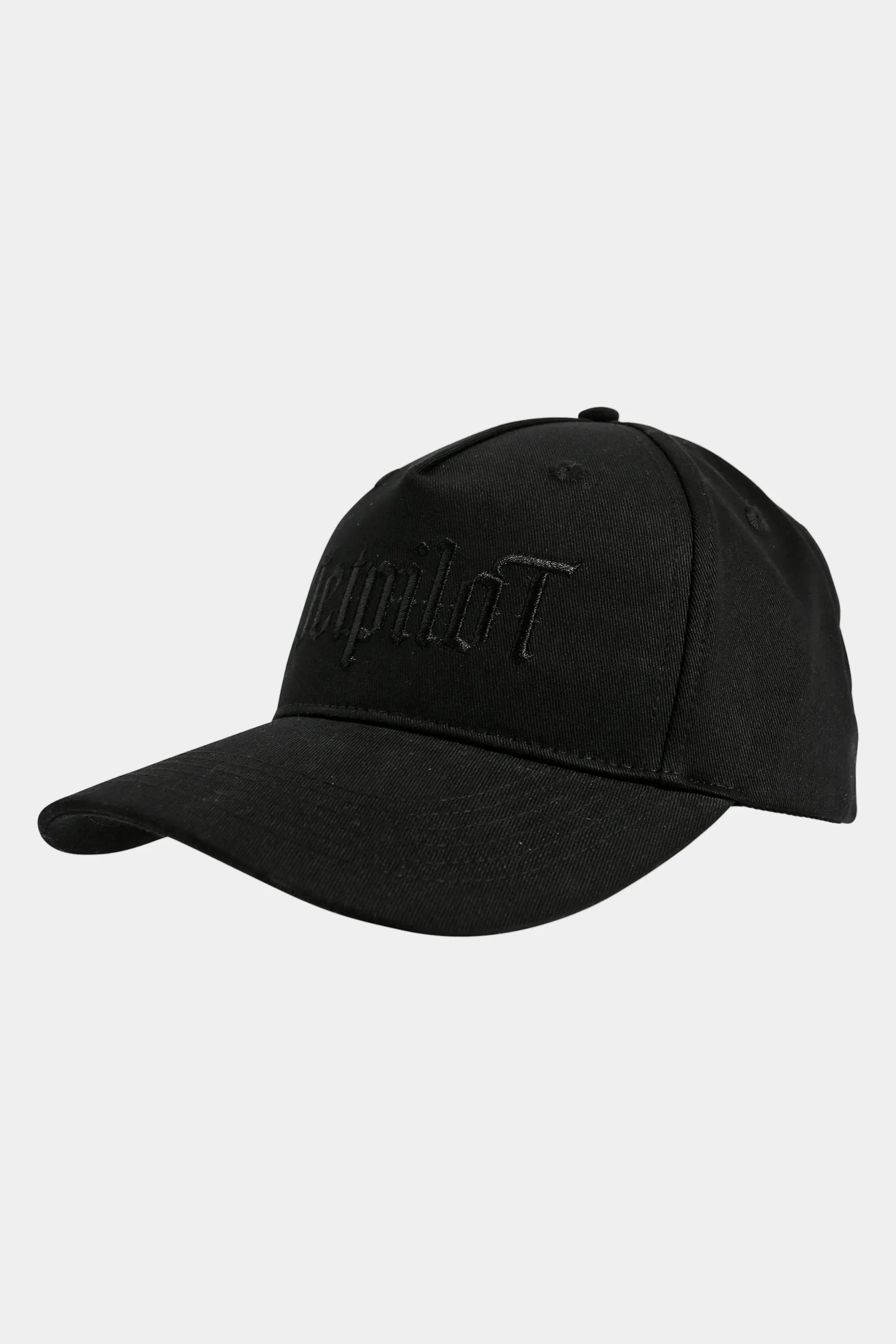 Black cap with branding on a light grey background