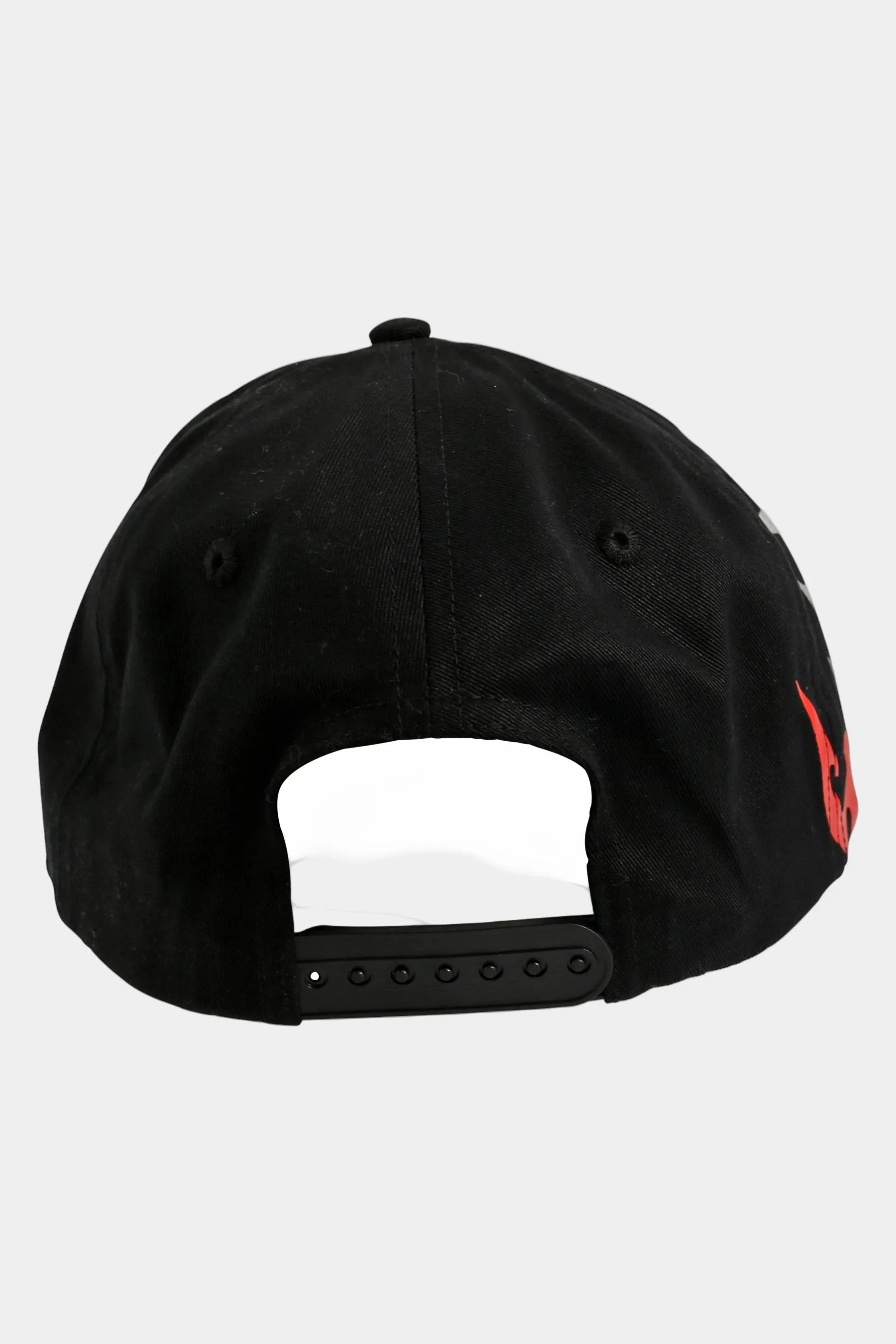 Black Jetpilot cap with a red logo on the back against a white background