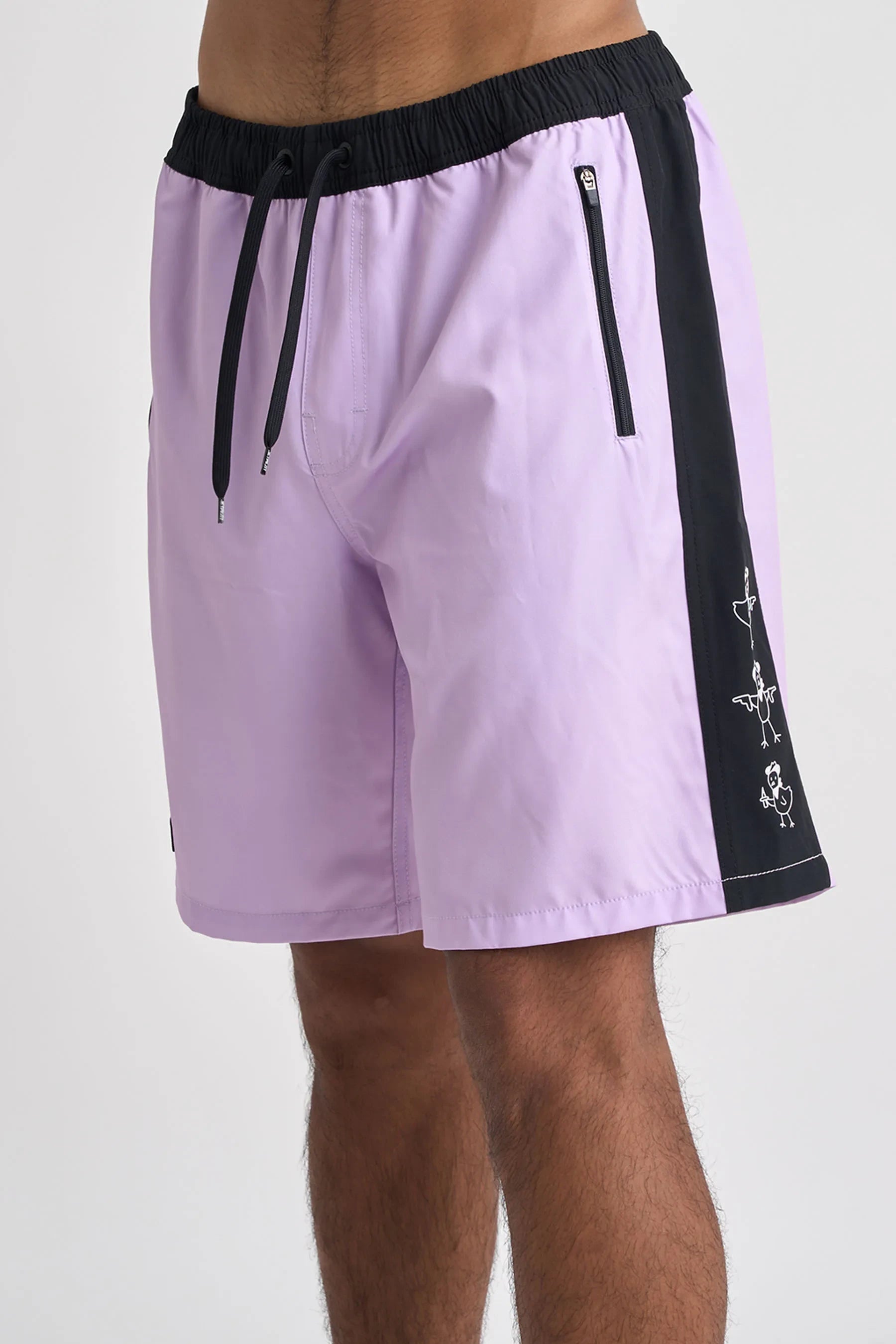 Lavender shorts with black accents on a white background