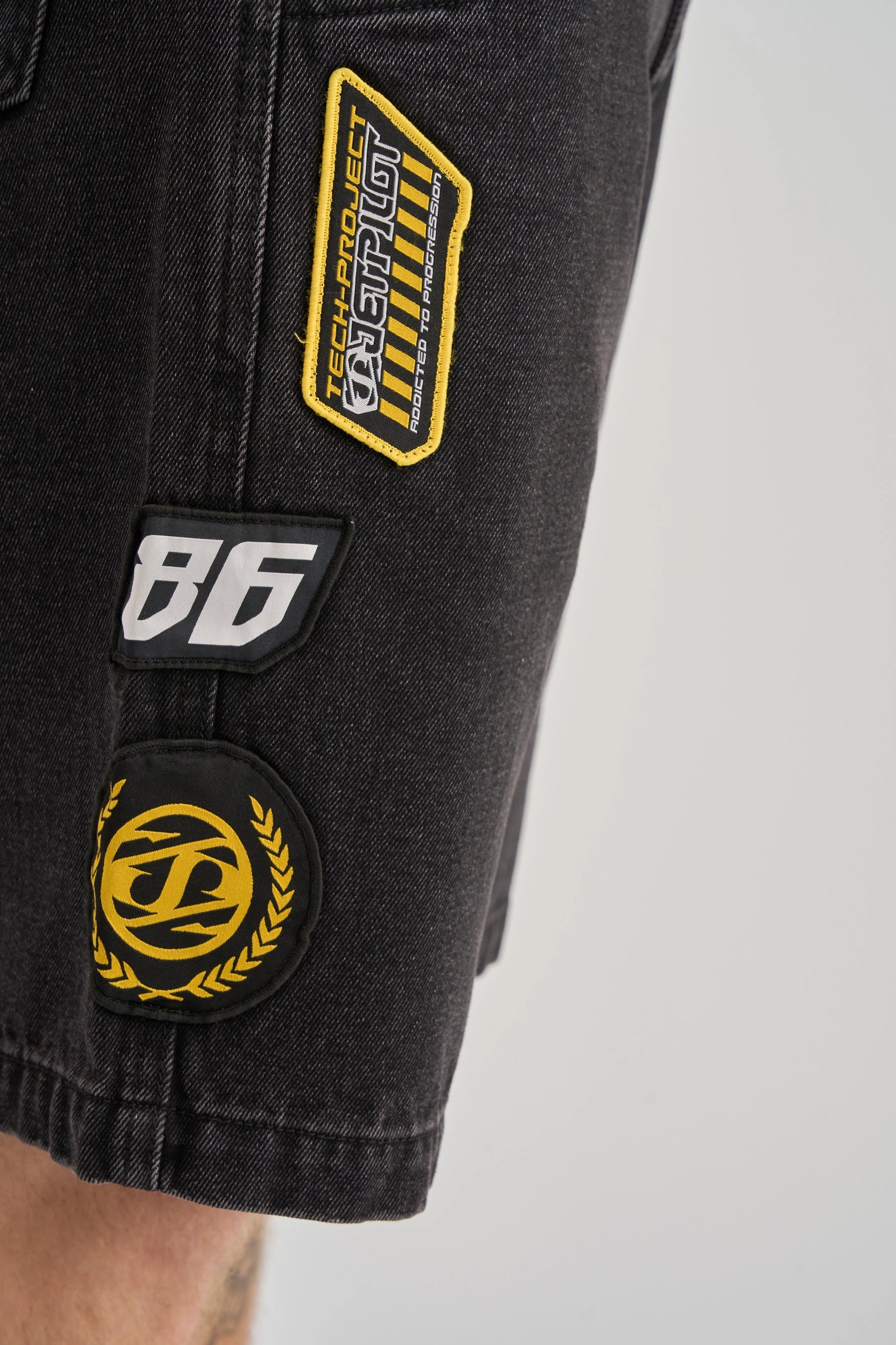Jetpilot Factory Denim Shorts - Black Patches Up Close