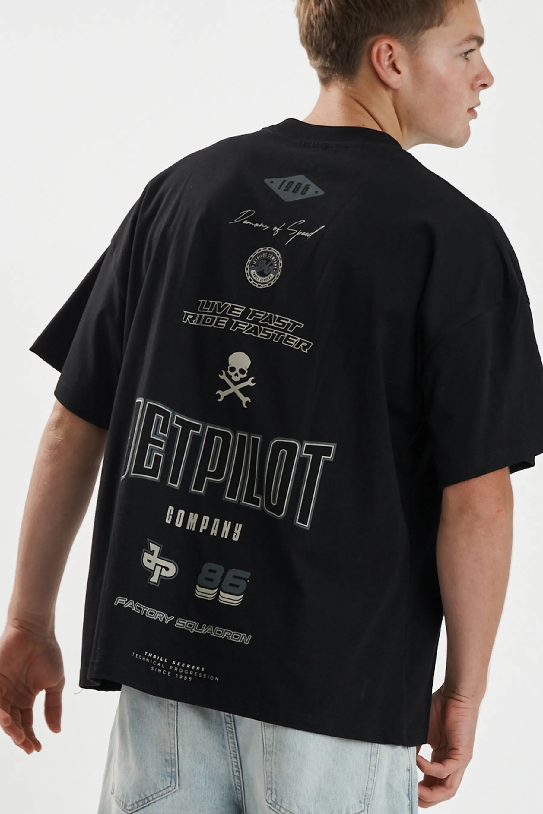 Jetpilot Demons Of Speed mens oversized graphic tee in Black/Grey — view 11 of 11