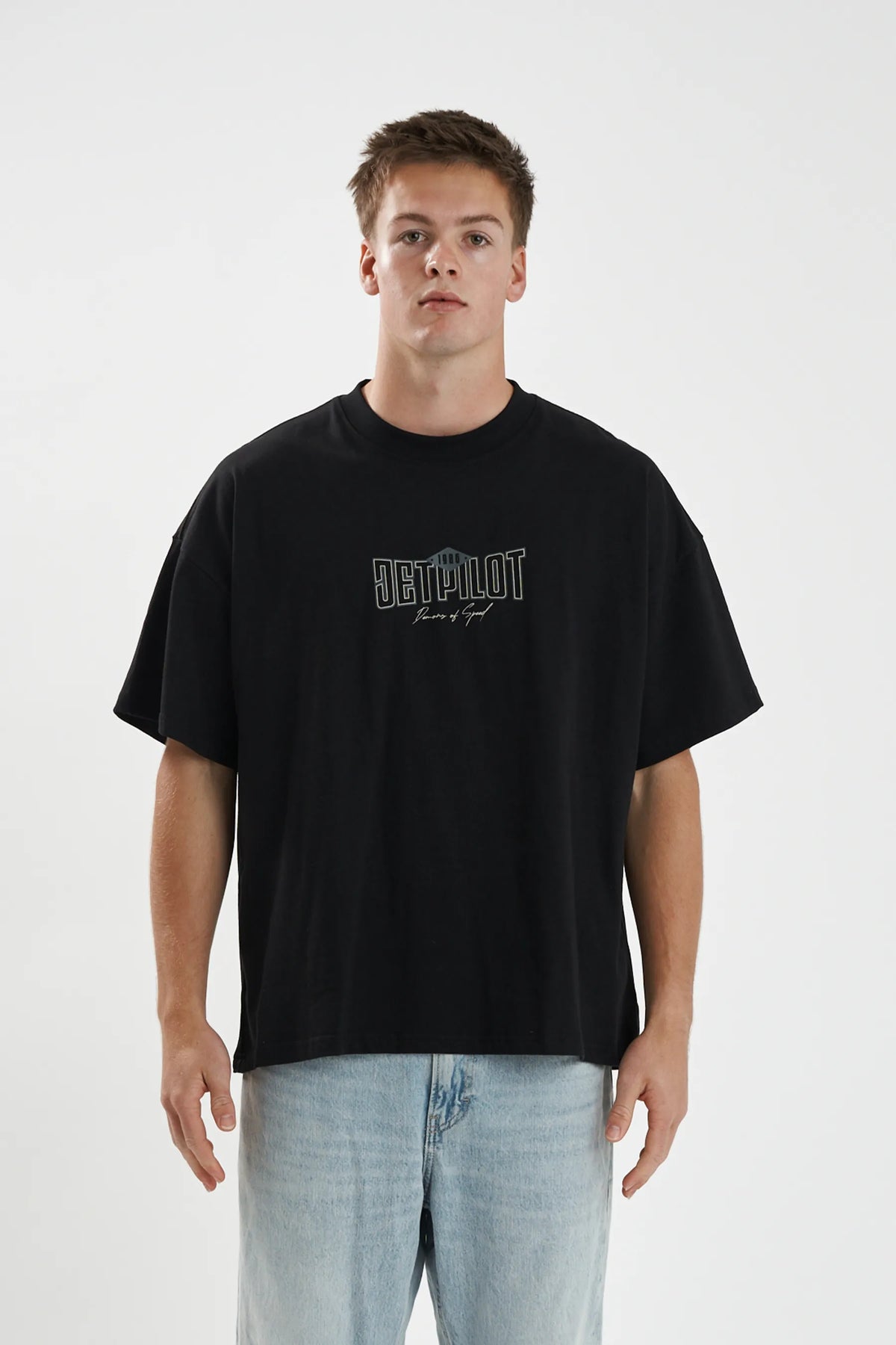 Jetpilot Demons Of Speed mens oversized graphic tee in Black/Grey — front view on a male model